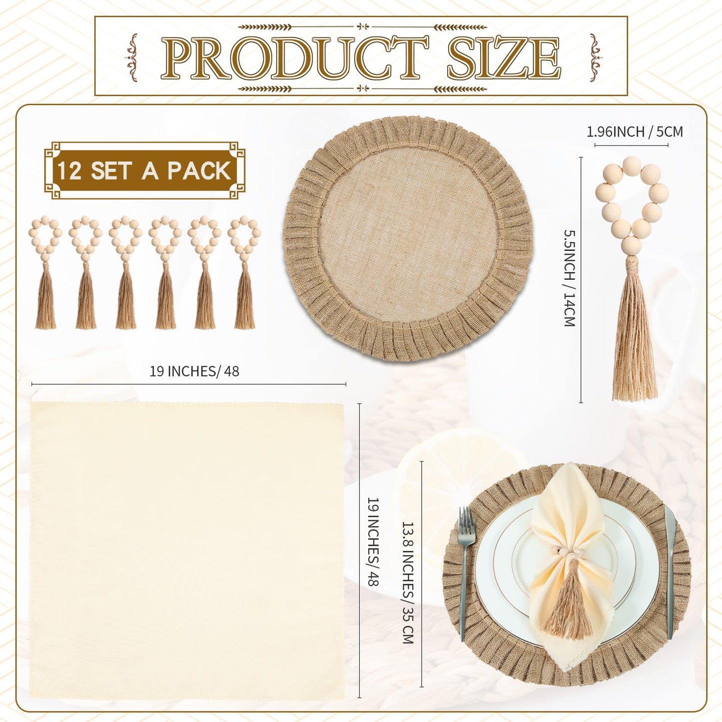 Gejoy 18 Pcs Burlap Placemat Wood Napkin Ring Dinner Napkin, Natural