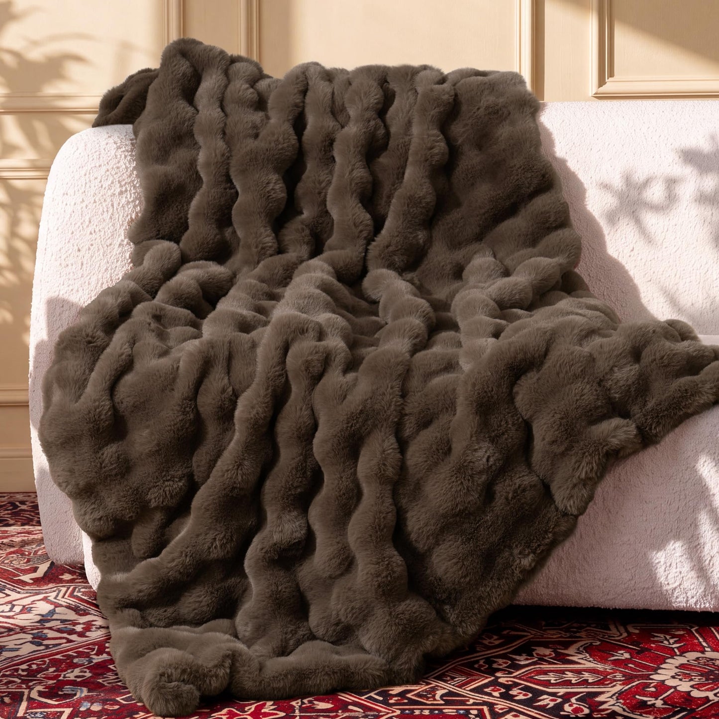 Ultra Soft Cozy Faux Fur Throw Blanket, Fuzzy Plush Thick Bubble Blanket, Oversize Luxury Fluffy Blanket for Couch, Sofa, Bedroom, and Living Room, 50x60 Inches, Light Brown