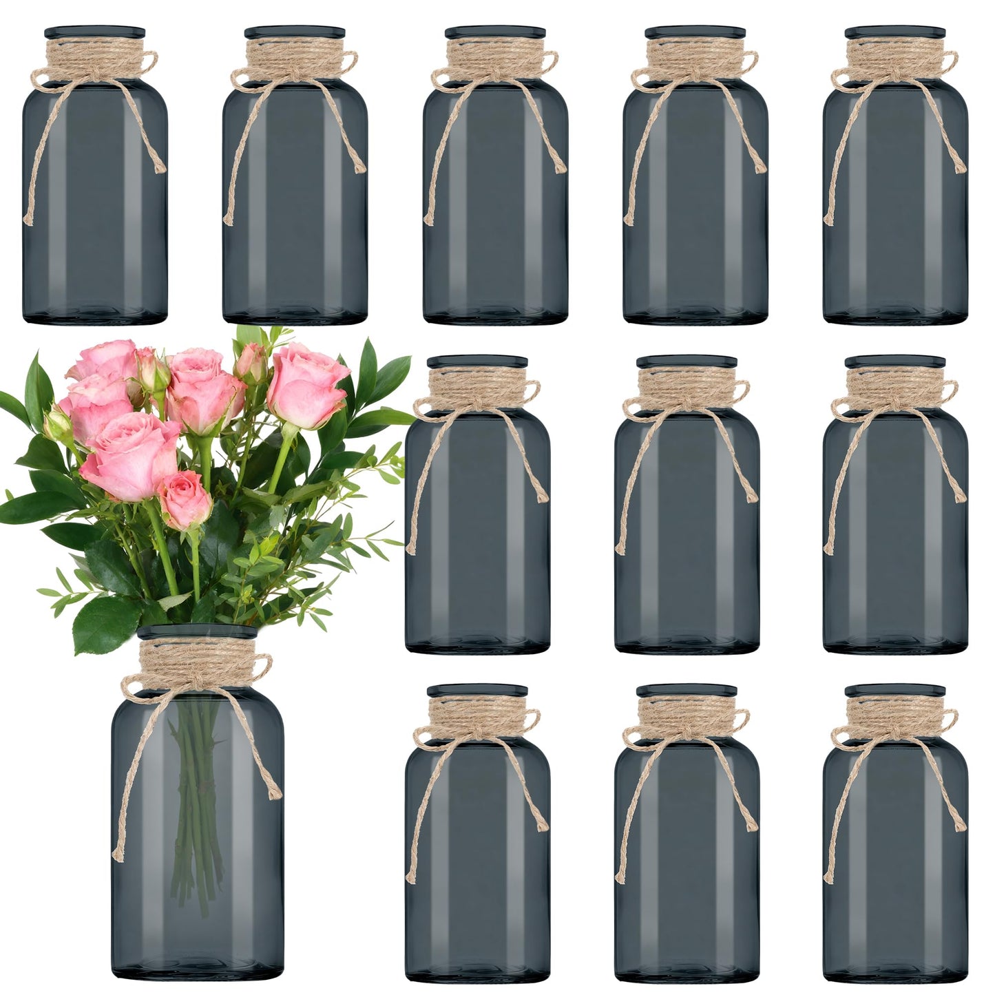 3 Pack Mason Jar Vases for Centerpieces, Amber Glass Flower Vase