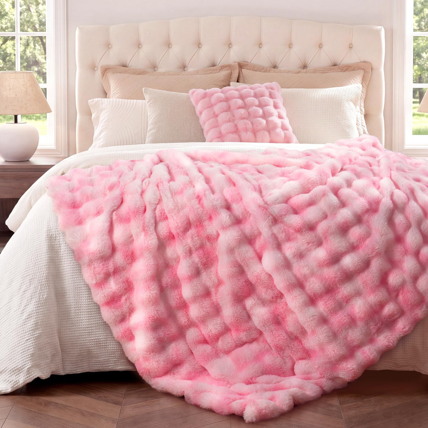 Ultra Soft Cozy Faux Fur Throw Blanket, Fuzzy Plush Thick Bubble Blanket, Oversize Luxury Fluffy Blanket for Couch, Sofa, Bedroom, and Living Room, 50x60 Inches, Light Brown