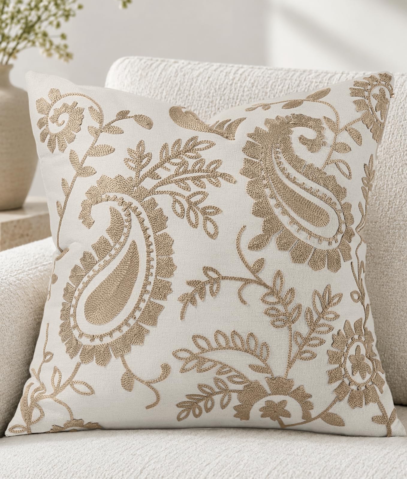 Linen Embroidered Throw Pillow Cover, 18x18 Inch, Khaki Bird