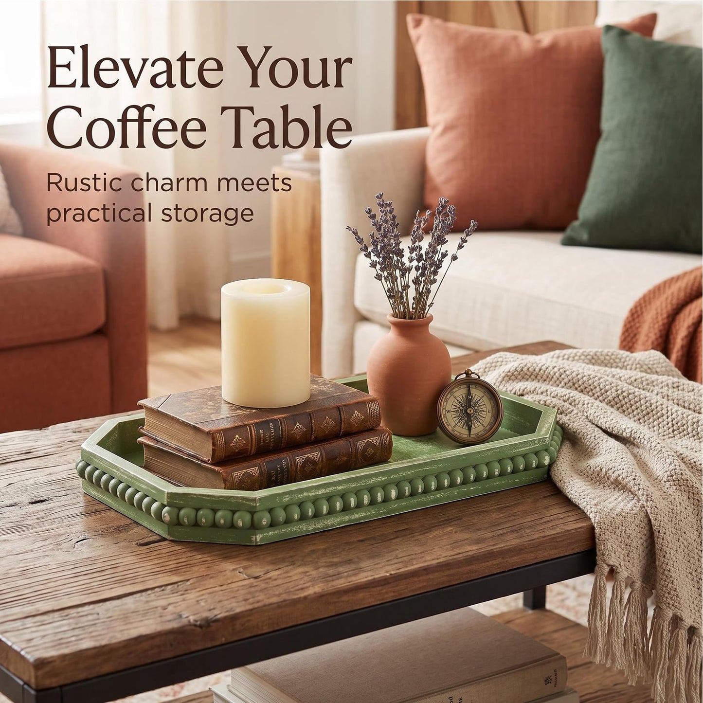 Hrastany Wood Rustic Serving Tray with Beads, Farmhouse Brown Decorative Tray for Table Centerpiece, Christmas Wedding Halloween Home Decor