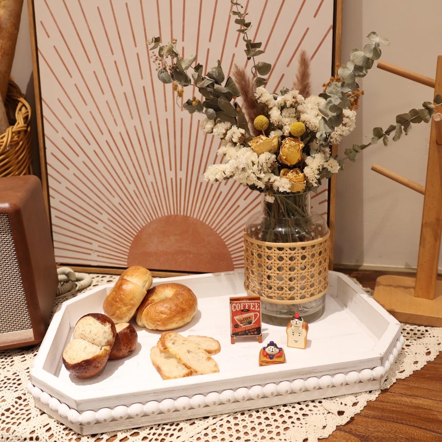 Hrastany Wood Rustic Serving Tray with Beads, Farmhouse Brown Decorative Tray for Table Centerpiece, Christmas Wedding Halloween Home Decor