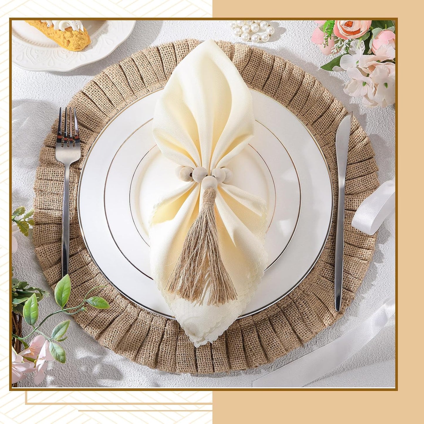 Gejoy 18 Pcs Burlap Placemat Wood Napkin Ring Dinner Napkin, Natural