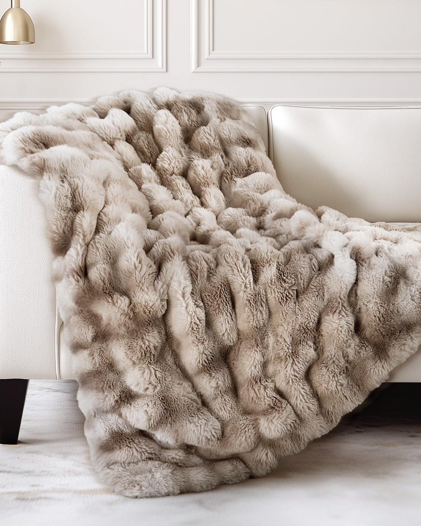 Ultra Soft Cozy Faux Fur Throw Blanket, Fuzzy Plush Thick Bubble Blanket, Oversize Luxury Fluffy Blanket for Couch, Sofa, Bedroom, and Living Room, 50x60 Inches, Light Brown
