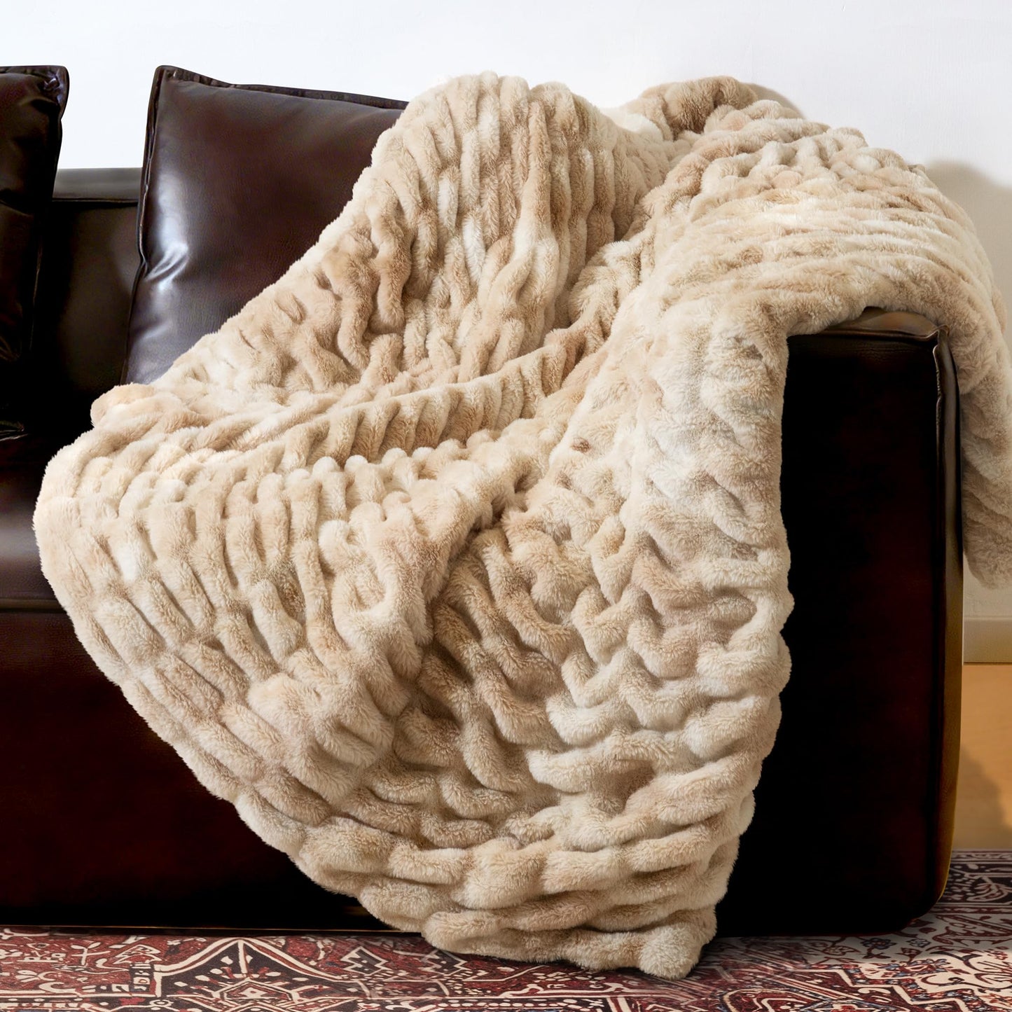 Ultra Soft Cozy Faux Fur Throw Blanket, Fuzzy Plush Thick Bubble Blanket, Oversize Luxury Fluffy Blanket for Couch, Sofa, Bedroom, and Living Room, 50x60 Inches, Light Brown