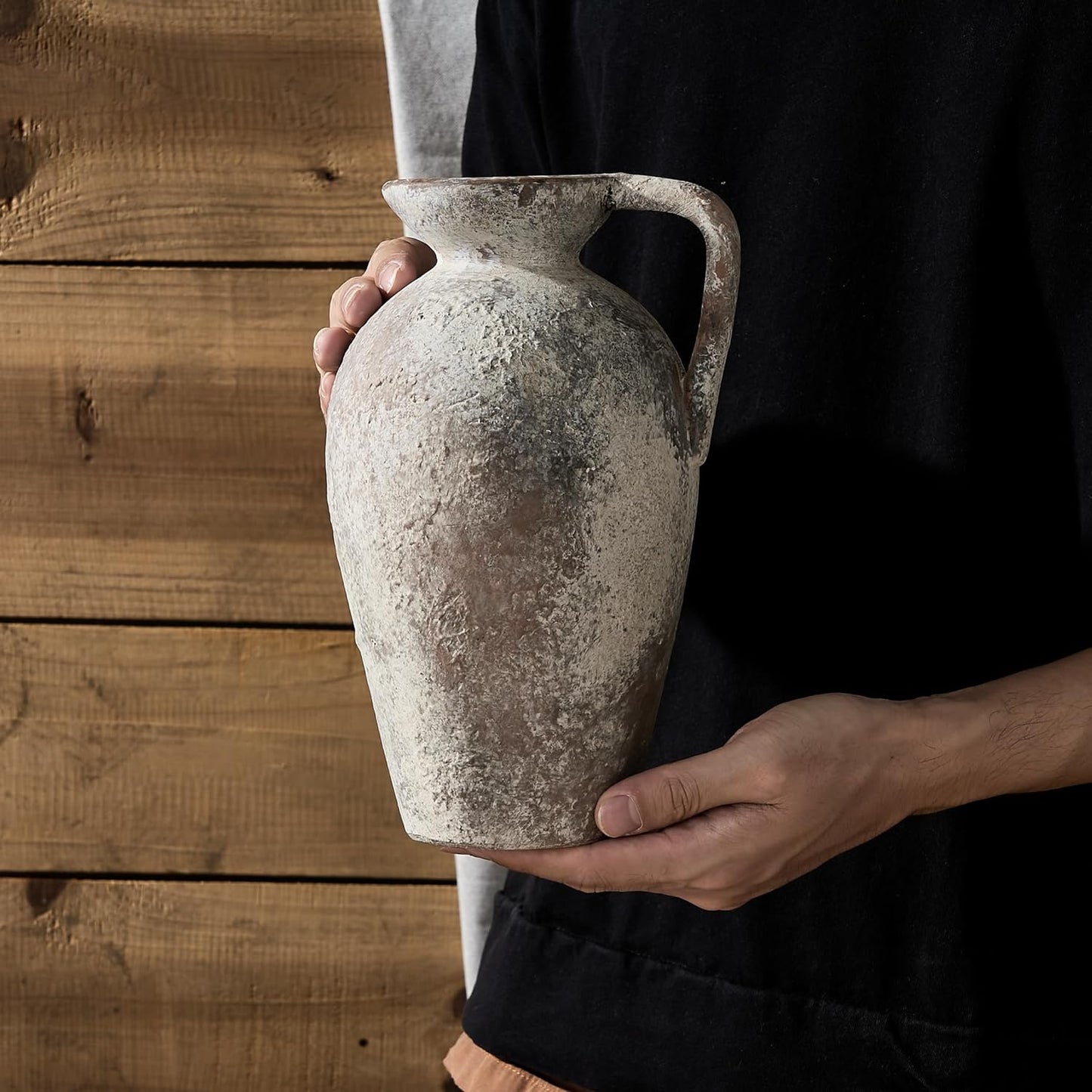 Ceramic Rustic Farmhouse Vase,9.25 inch Terracotta Vase with Handle