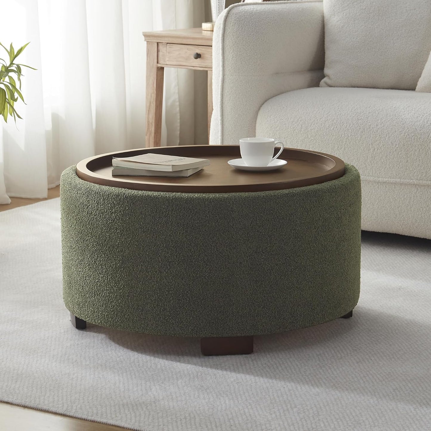 Zihanhome 30 Inch Round Storage Ottoman, Ottoman Coffee Table with Lift Off Lid, Boucle Modern Ottomans with Storage for Living Room, Bedroom, Apartments (Green)
