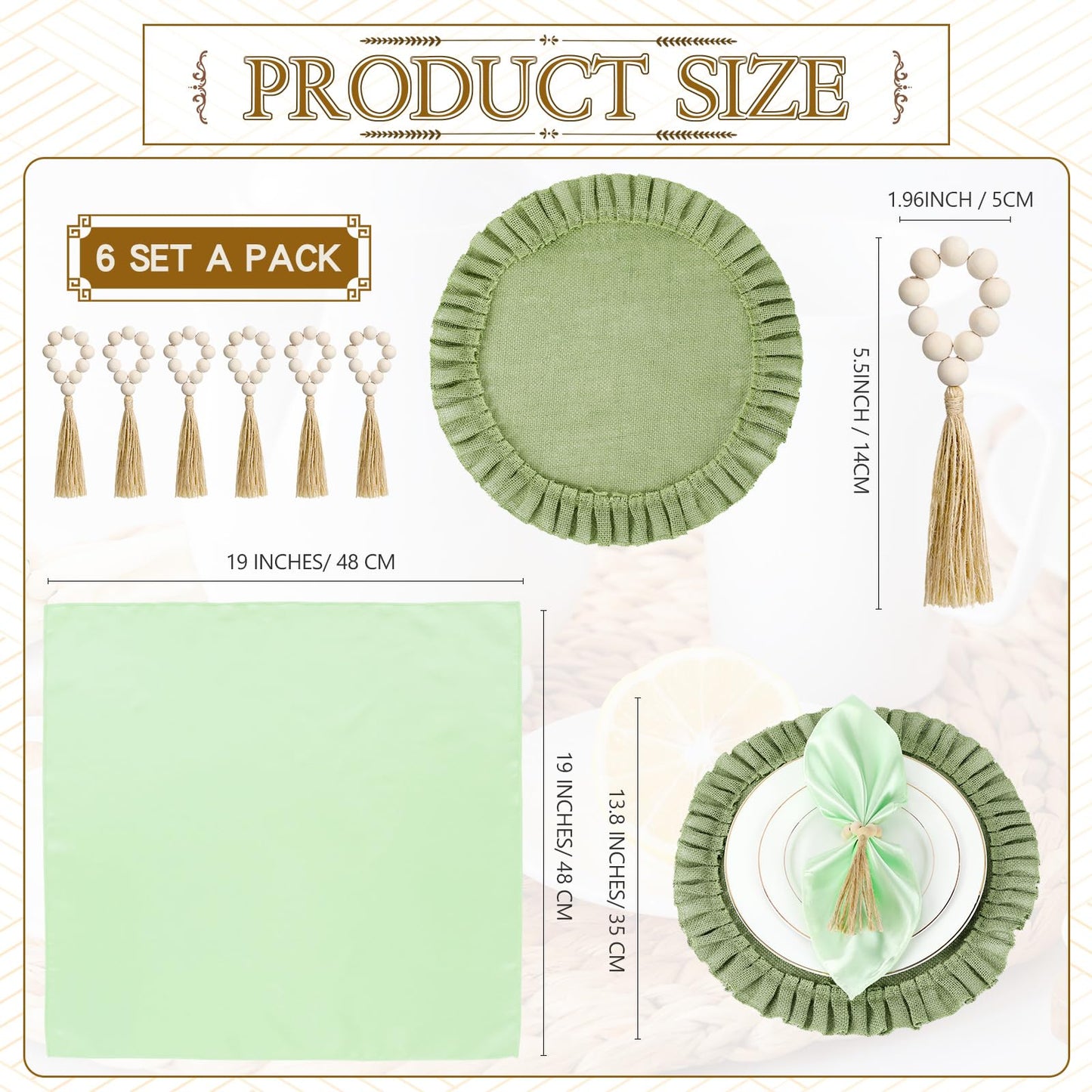 Gejoy 18 Pcs Burlap Placemat Wood Napkin Ring Dinner Napkin, Natural