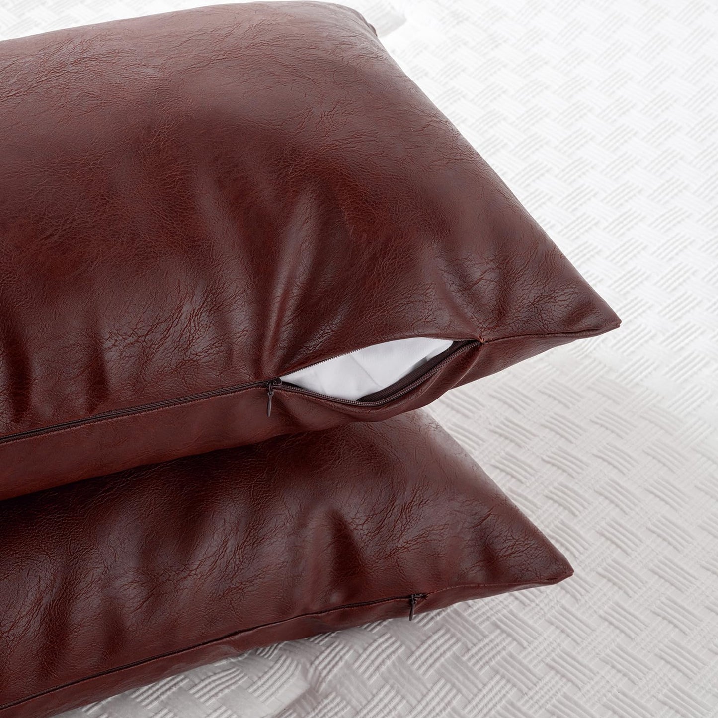 Fancy Homi Brown Boho Long Lumbar Faux Leather Body Decorative Throw Pillow Cover 14x36 Inch for Bedroom Couch Bed Bench, Thick Stylish Solid Rectangle Pillowcase, Rustic Modern Farmhouse Room Decor