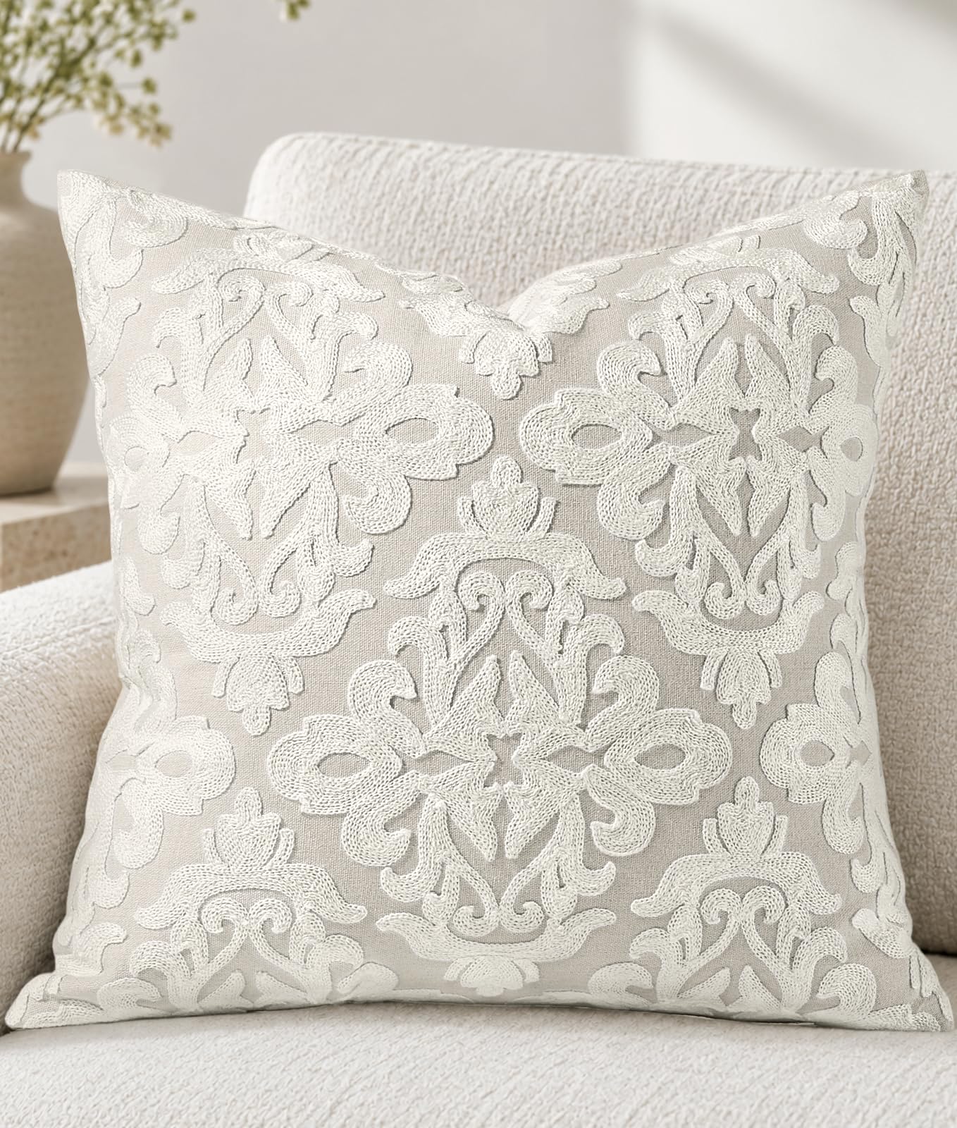 Linen Embroidered Throw Pillow Cover, 18x18 Inch, Khaki Bird