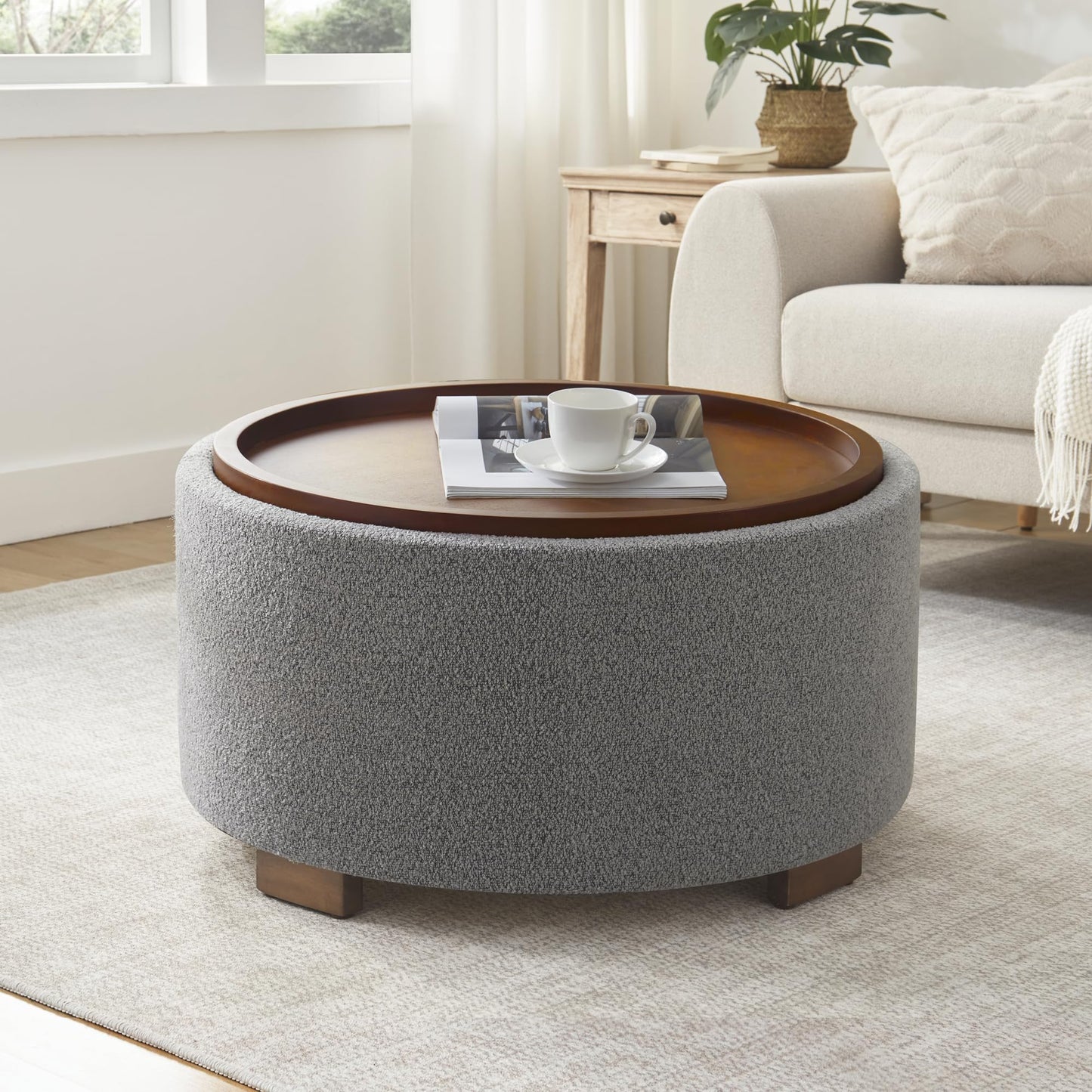 Zihanhome 30 Inch Round Storage Ottoman, Ottoman Coffee Table with Lift Off Lid, Boucle Modern Ottomans with Storage for Living Room, Bedroom, Apartments (Green)
