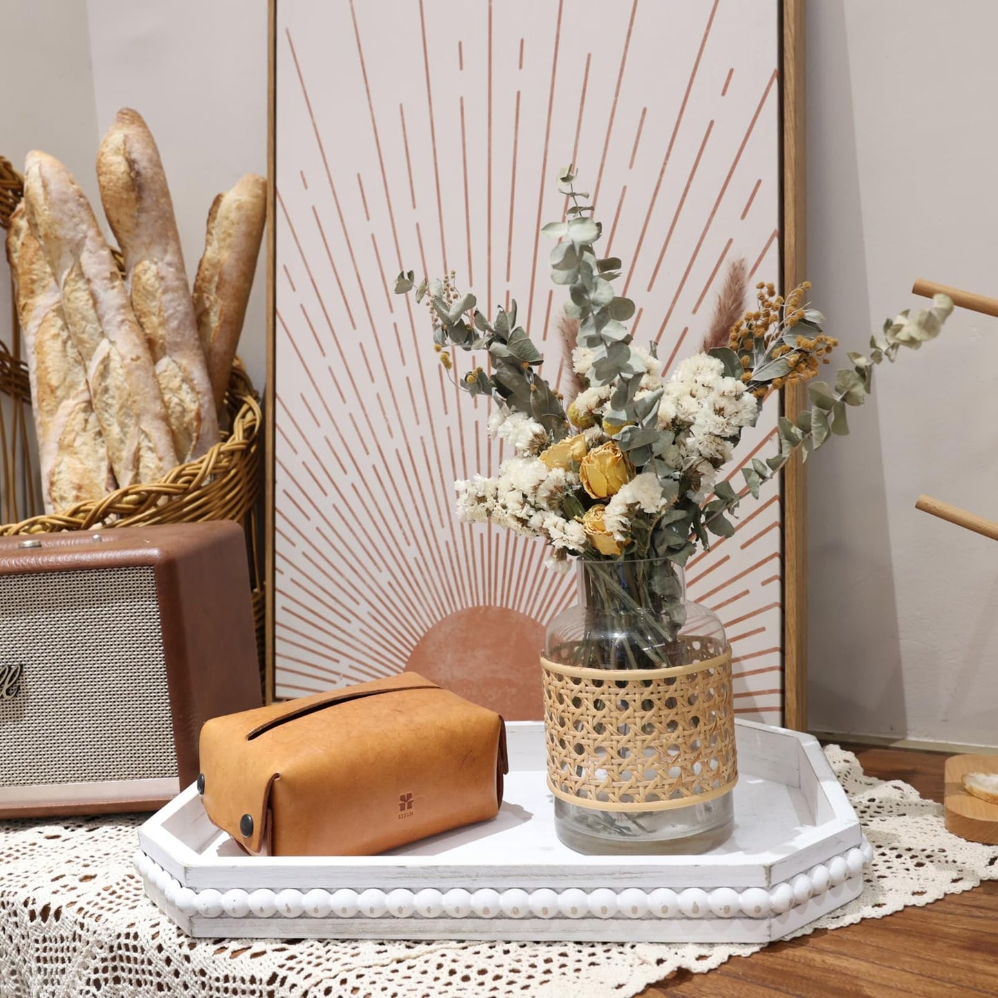 Hrastany Wood Rustic Serving Tray with Beads, Farmhouse Brown Decorative Tray for Table Centerpiece, Christmas Wedding Halloween Home Decor