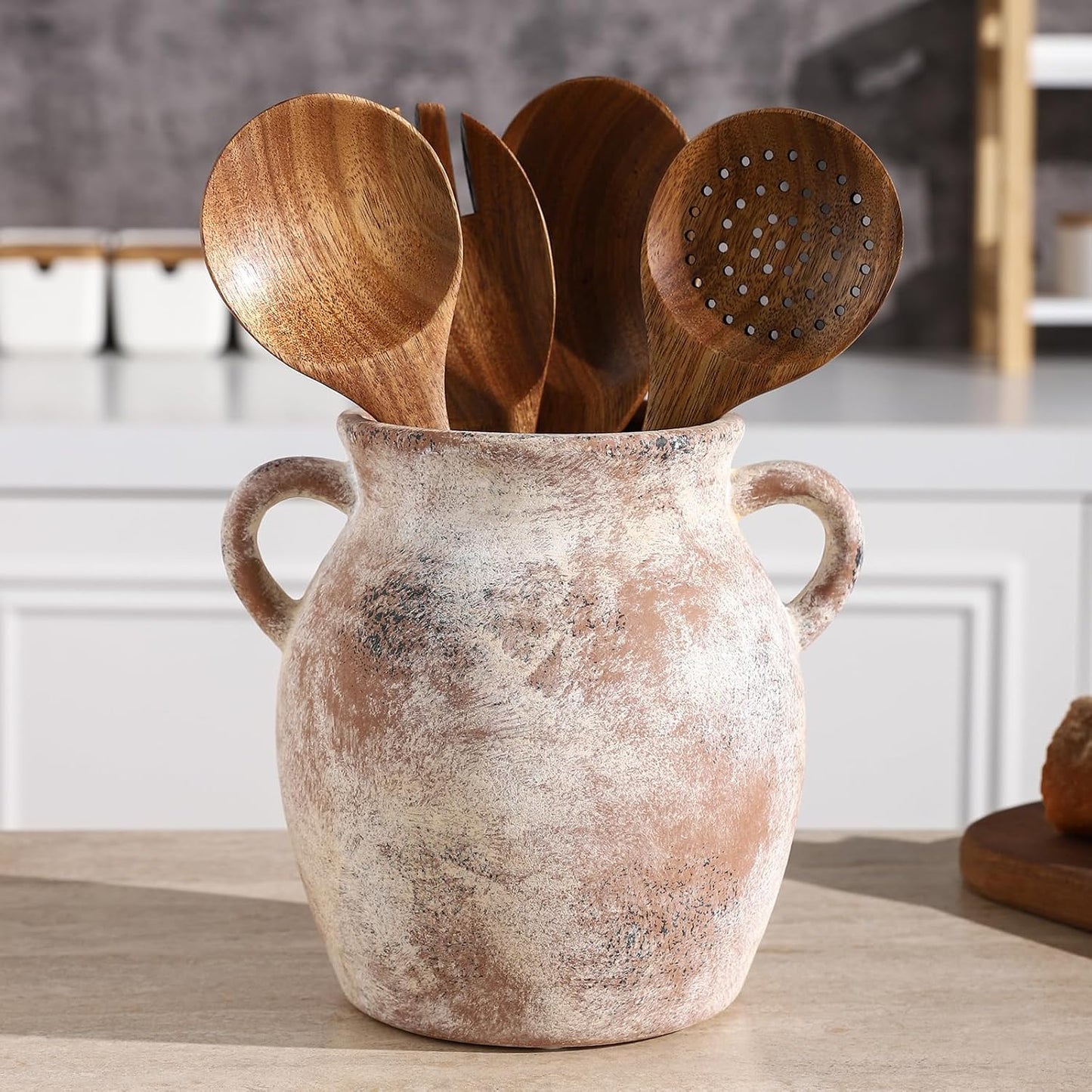 Ceramic Farmhouse Kitchen Utensil Holder for Countertop, Rustic Cooking Utensil Holder Crock Fit for Kitchen Counter.