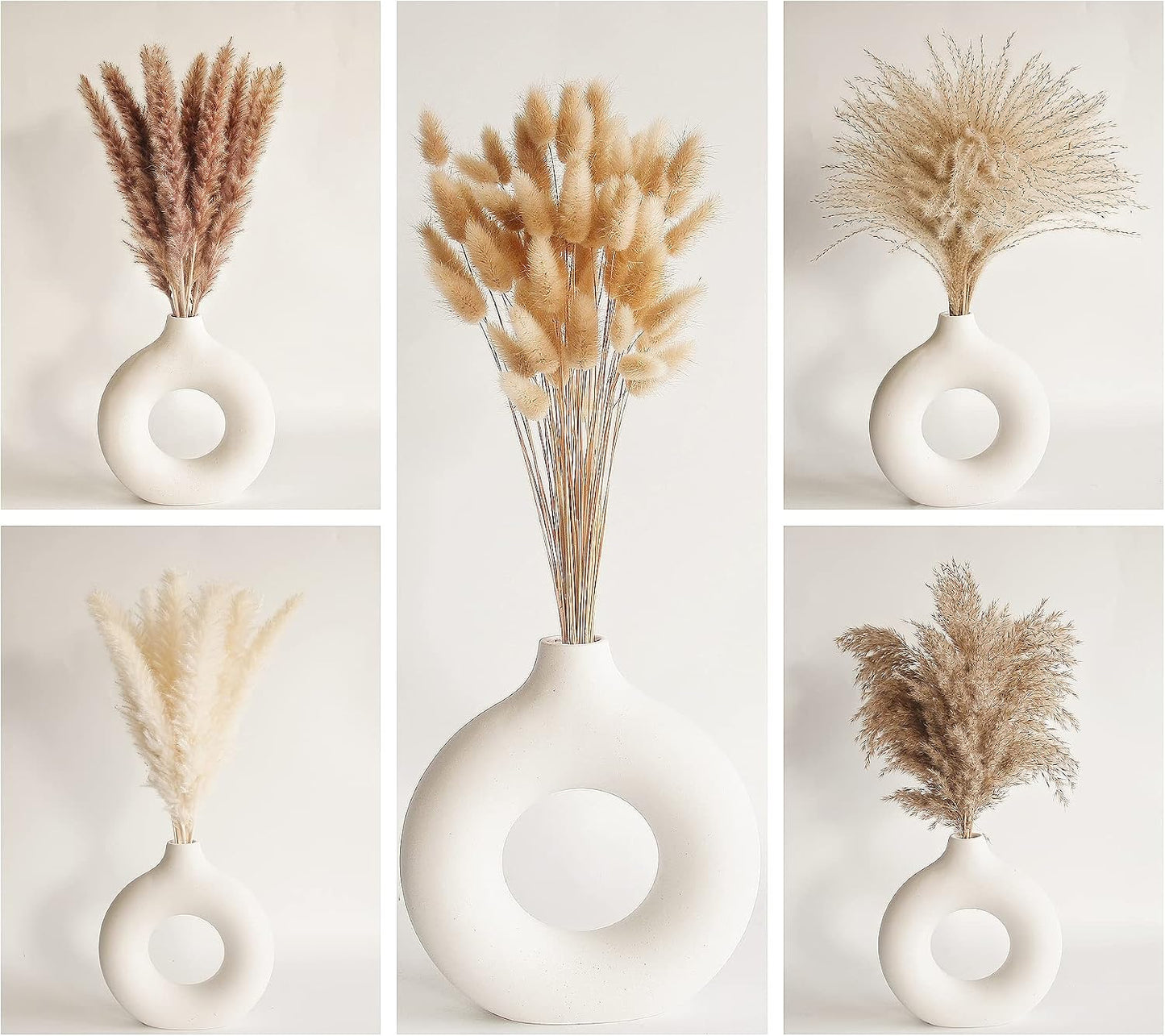Dried Pampas Grass Decor, 100 Stems Pampas Grass Contains Bunny Tails Dried Flowers, Reed Grass Bouquet for Wedding Boho Flowers Home Table Decor, Rustic Farmhouse Party (17", White and Brown)