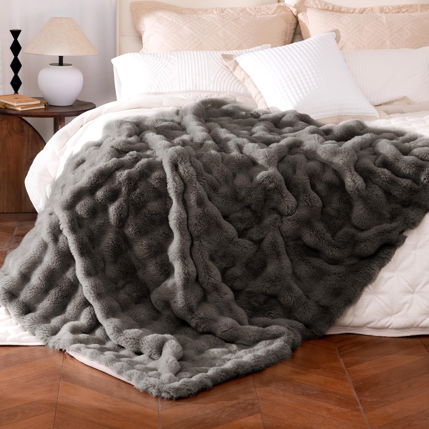 Ultra Soft Cozy Faux Fur Throw Blanket, Fuzzy Plush Thick Bubble Blanket, Oversize Luxury Fluffy Blanket for Couch, Sofa, Bedroom, and Living Room, 50x60 Inches, Light Brown