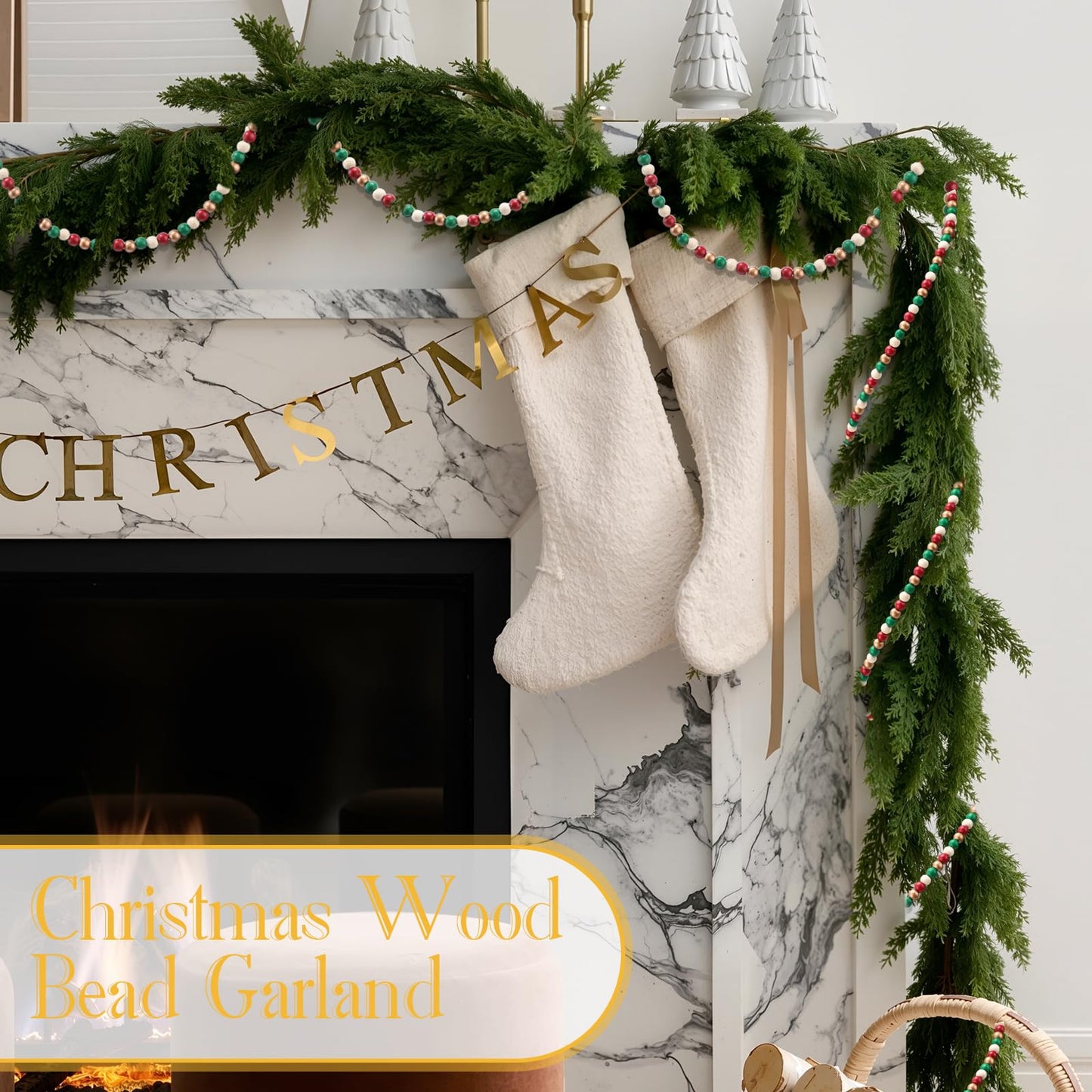 WILLBOND 16 Feet Wood Bead Garland Christmas Tree, Wood Color