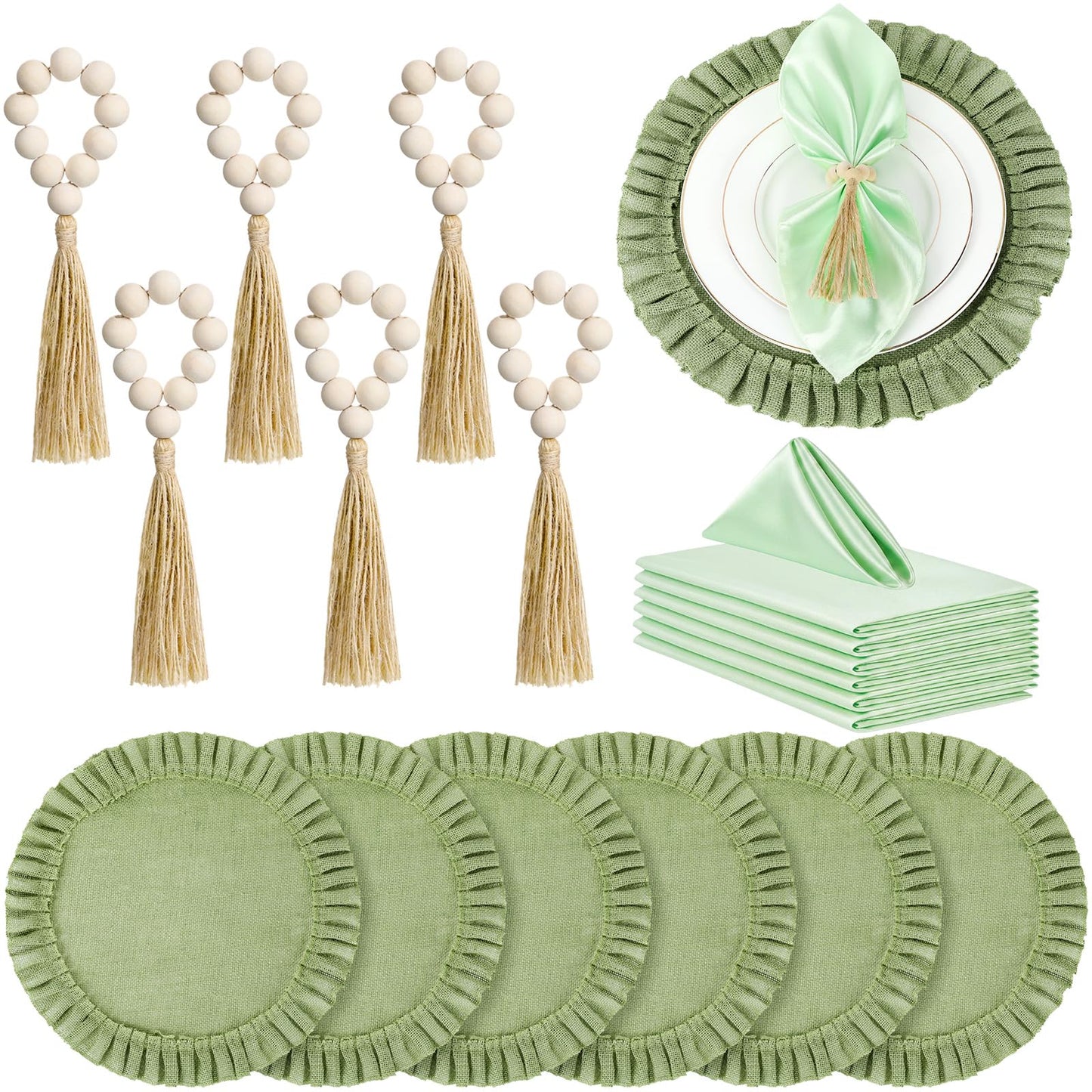 Gejoy 18 Pcs Burlap Placemat Wood Napkin Ring Dinner Napkin, Natural