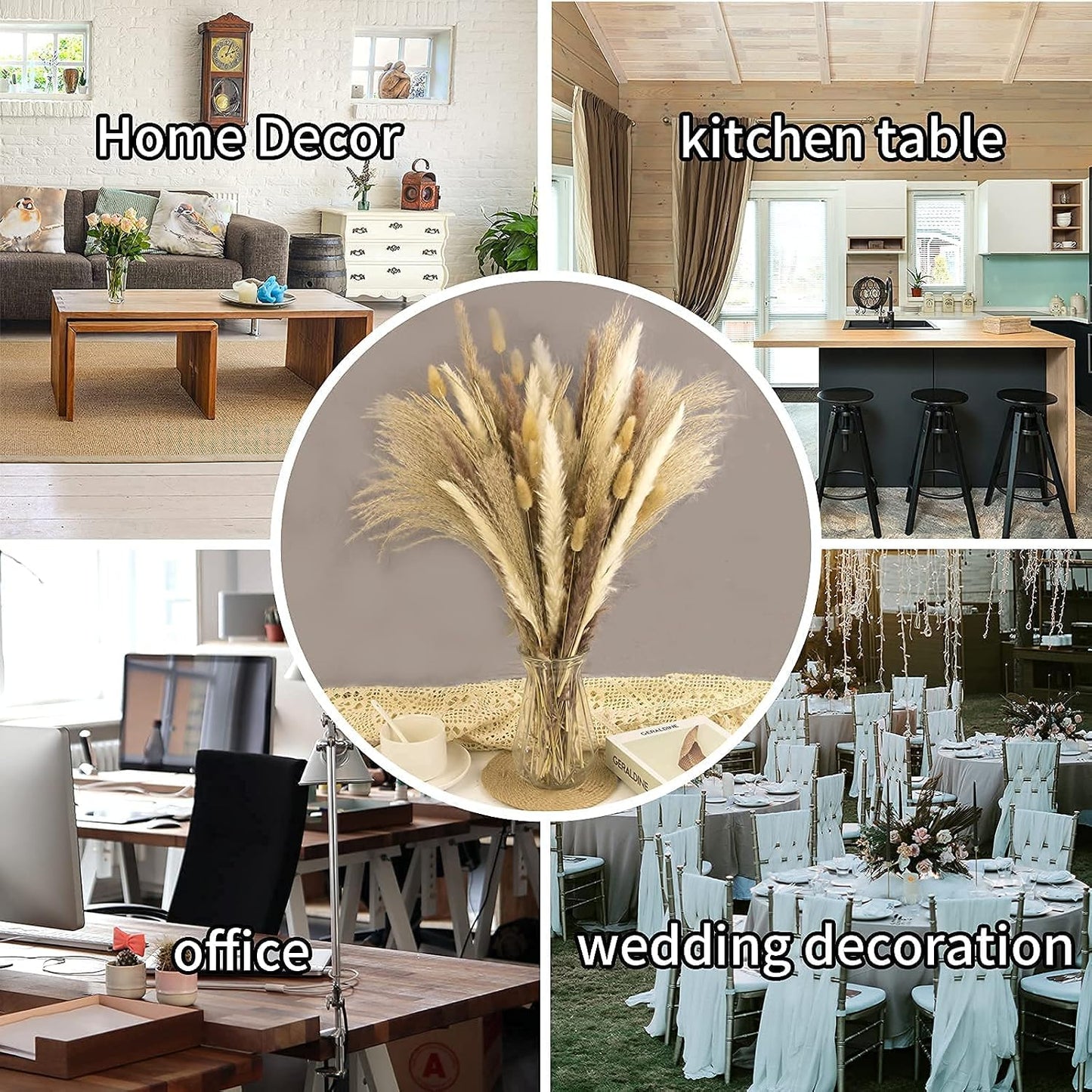 Dried Pampas Grass Decor, 100 Stems Pampas Grass Contains Bunny Tails Dried Flowers, Reed Grass Bouquet for Wedding Boho Flowers Home Table Decor, Rustic Farmhouse Party (17", White and Brown)