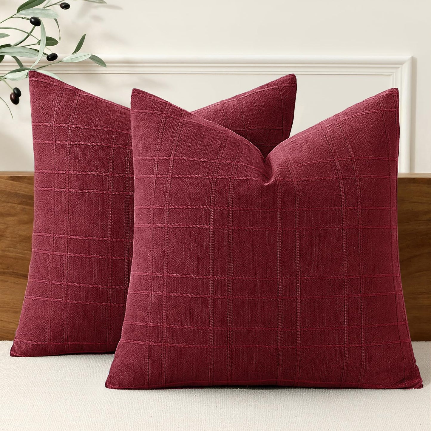 MIULEE Linen Plaid Pillow Covers Decorative 18x18 Dark Olive Green