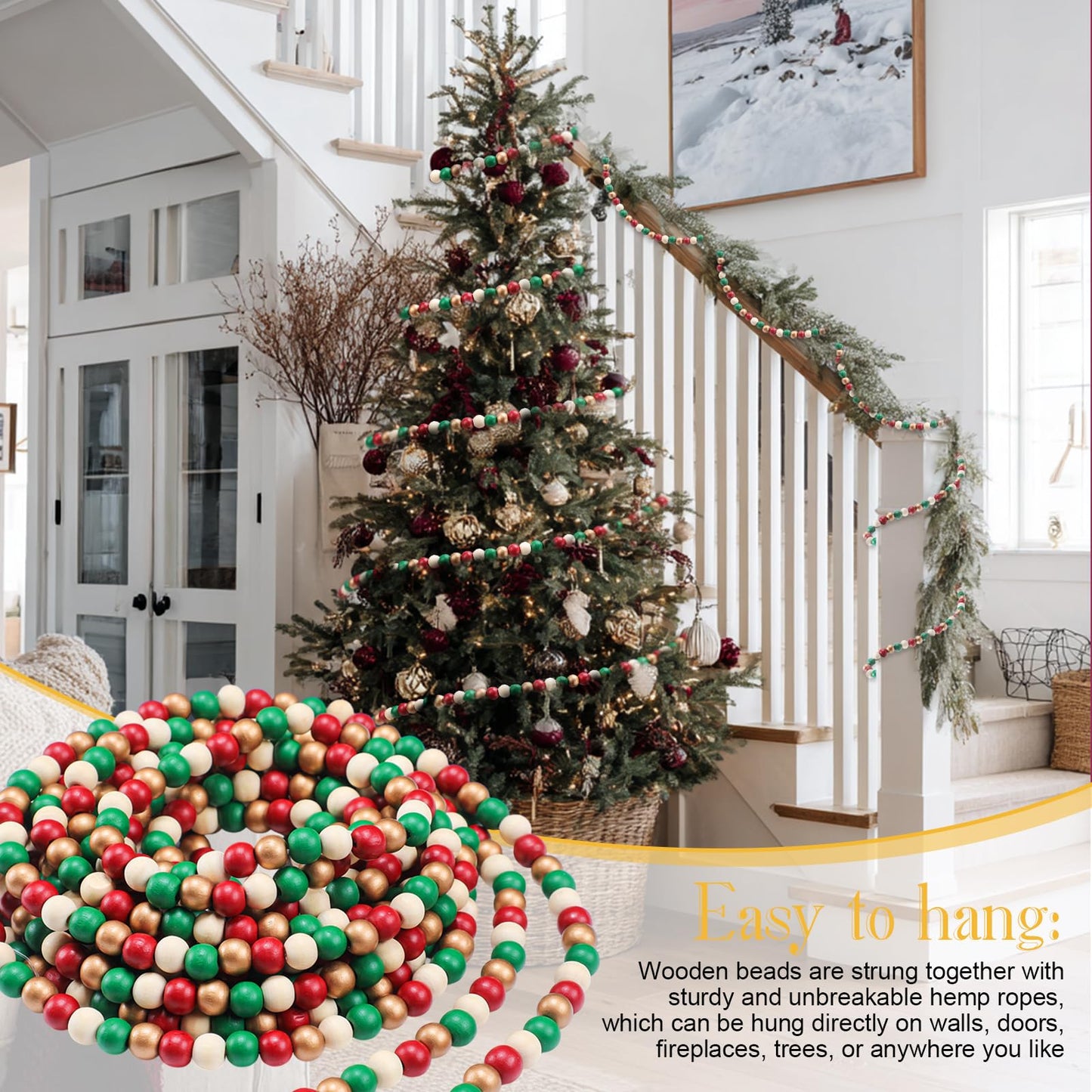 WILLBOND 16 Feet Wood Bead Garland Christmas Tree, Wood Color