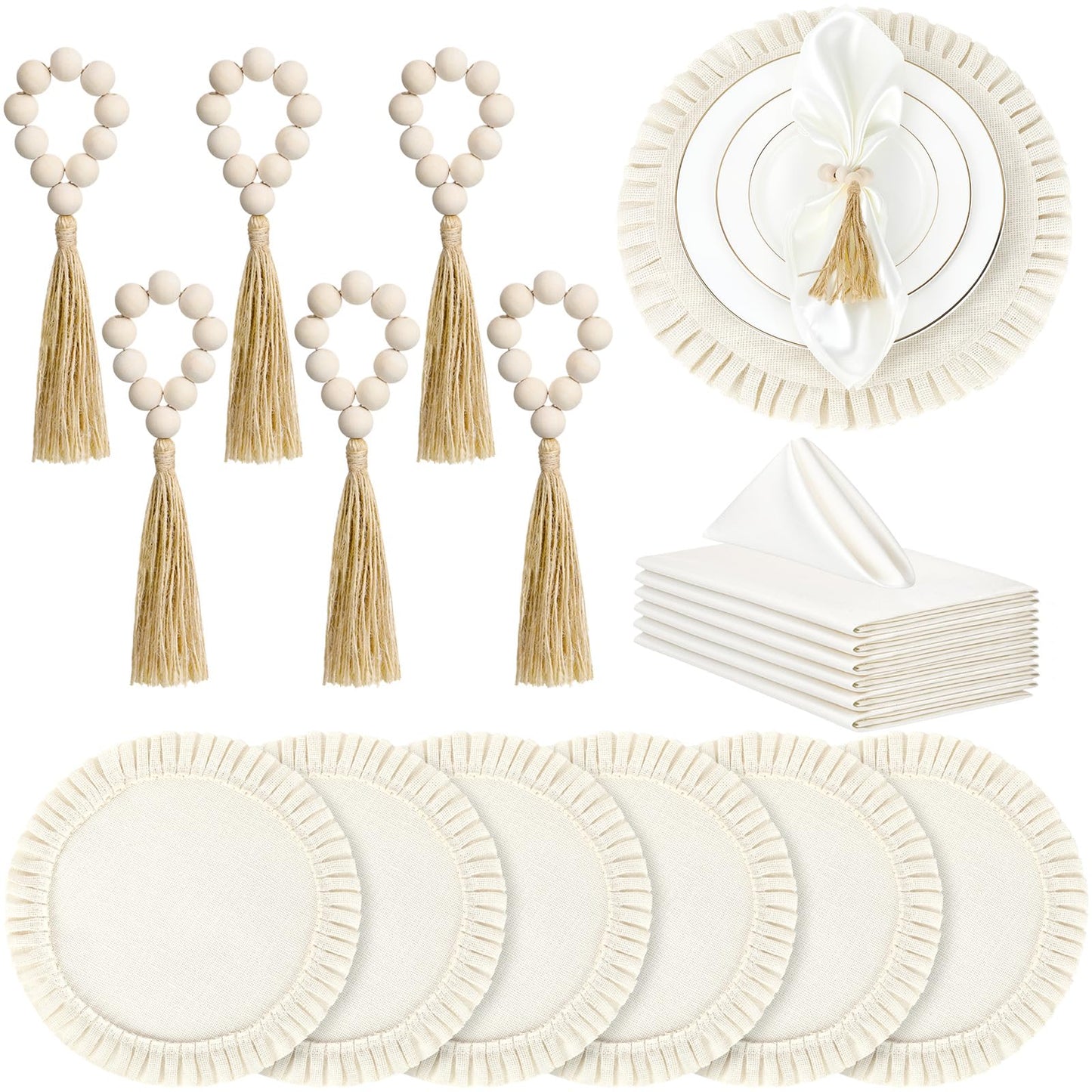 Gejoy 18 Pcs Burlap Placemat Wood Napkin Ring Dinner Napkin, Natural
