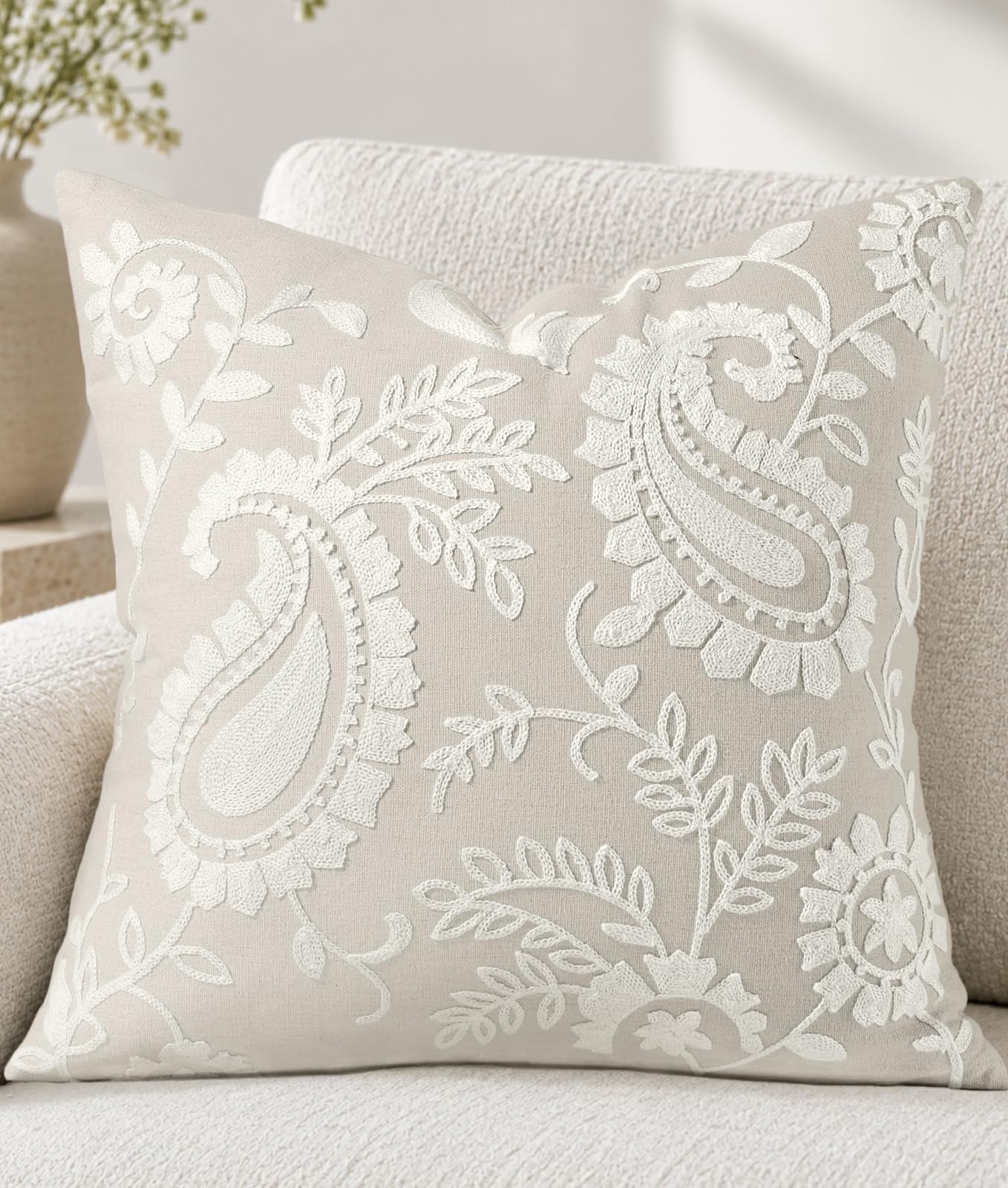 Linen Embroidered Throw Pillow Cover, 18x18 Inch, Khaki Bird