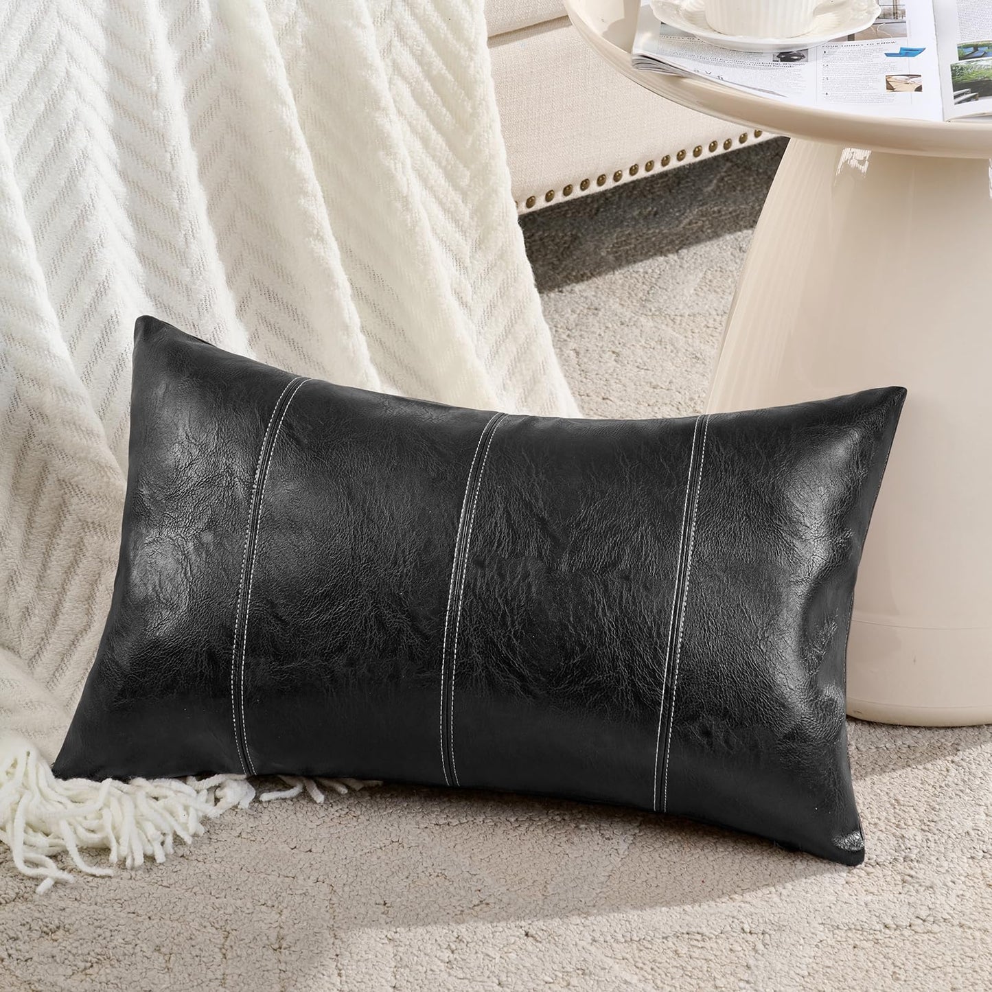 Fancy Homi Brown Boho Long Lumbar Faux Leather Body Decorative Throw Pillow Cover 14x36 Inch for Bedroom Couch Bed Bench, Thick Stylish Solid Rectangle Pillowcase, Rustic Modern Farmhouse Room Decor