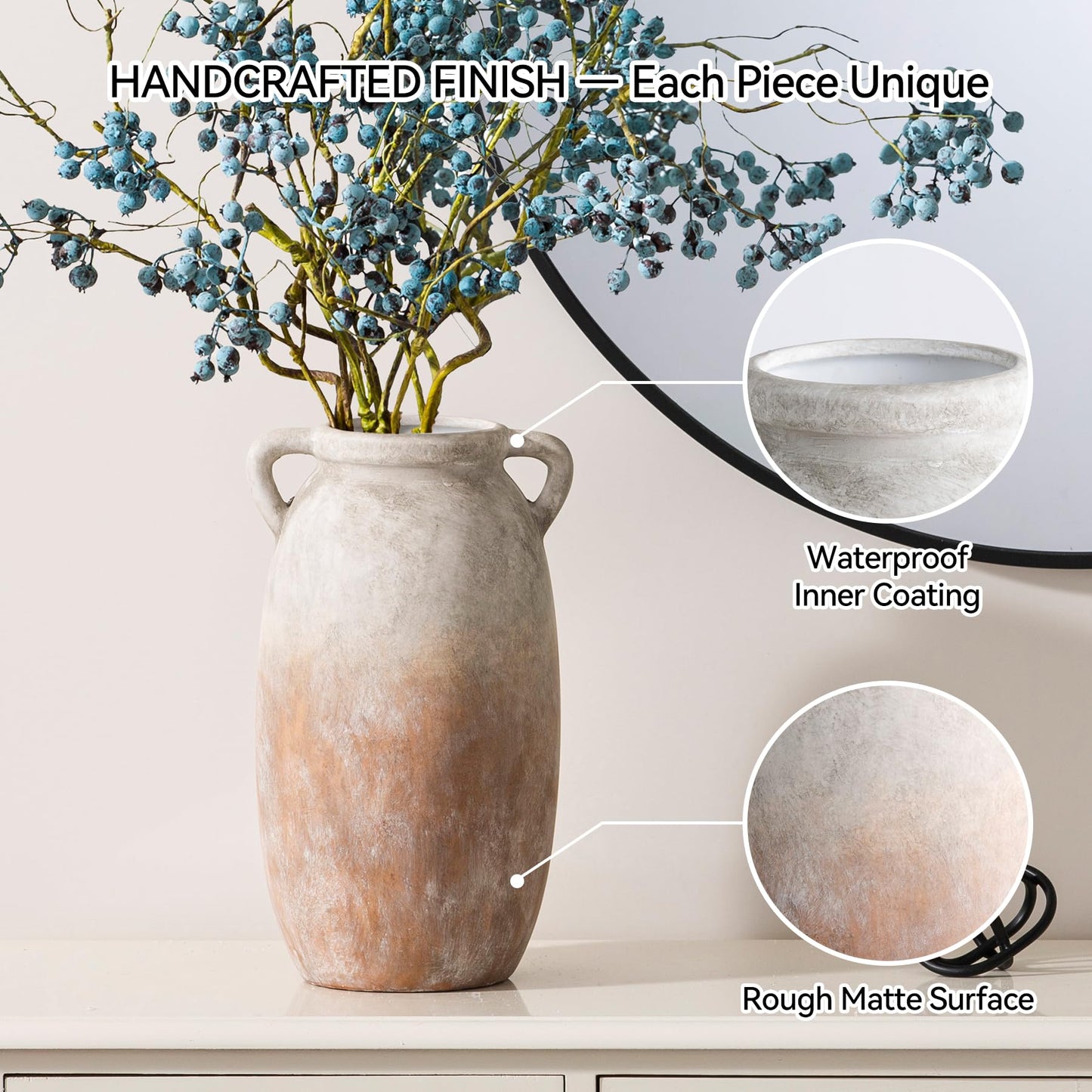 Dobbyby Ceramic Flower Vase 12 inch Farmhouse Rustic Vase Decorative Pottery Terracotta Tall Vases for Home Decor Table Mantle Fireplace Living Room Bathroom Wedding Centerpiece (Large-Terracota)