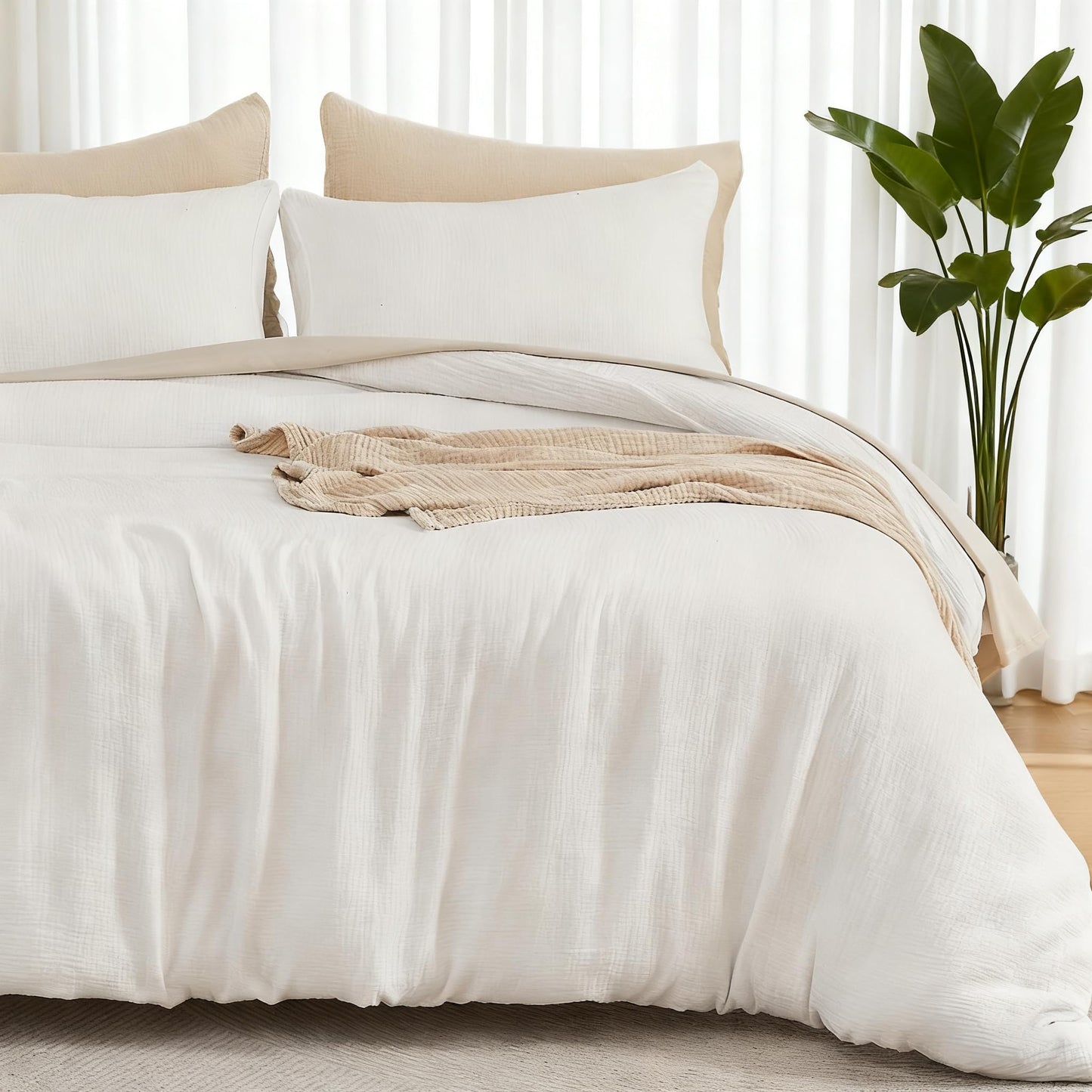 EMME Muslin Cotton Duvet Cover Set Linen Like Beige Queen
