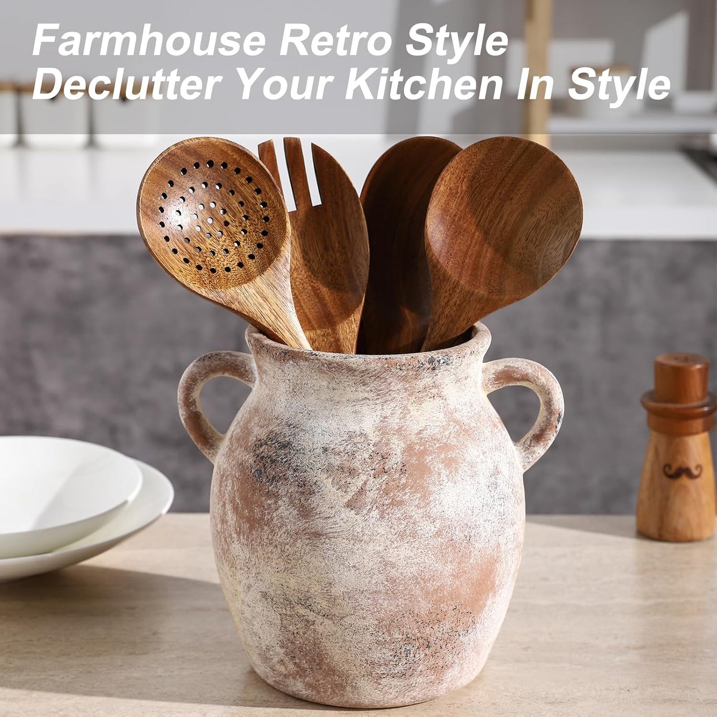 Ceramic Farmhouse Kitchen Utensil Holder for Countertop, Rustic Cooking Utensil Holder Crock Fit for Kitchen Counter.