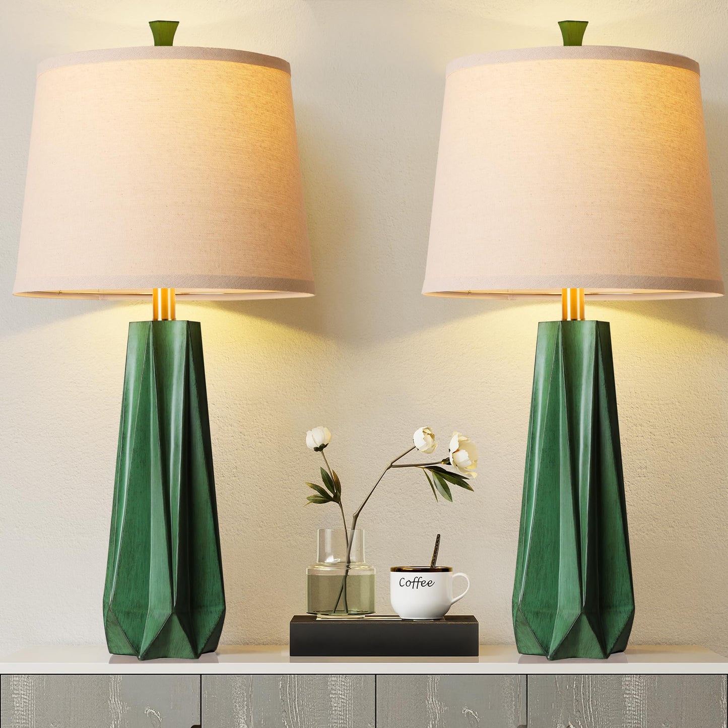 WIHTU 27" Wood Grain Resin Table Lamp Set of 2,Modern Beside Lamp for Decor