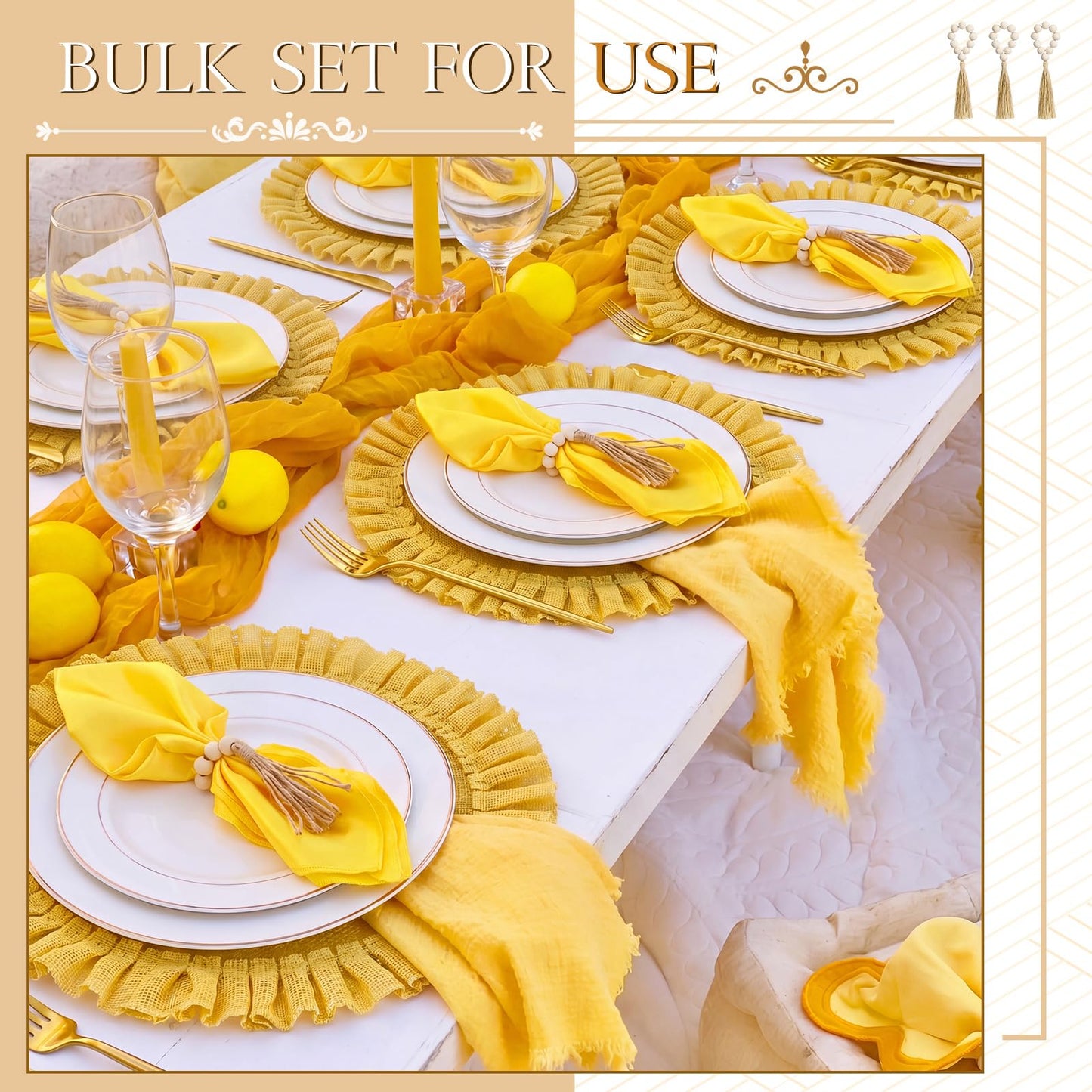 Gejoy 18 Pcs Burlap Placemat Wood Napkin Ring Dinner Napkin, Natural