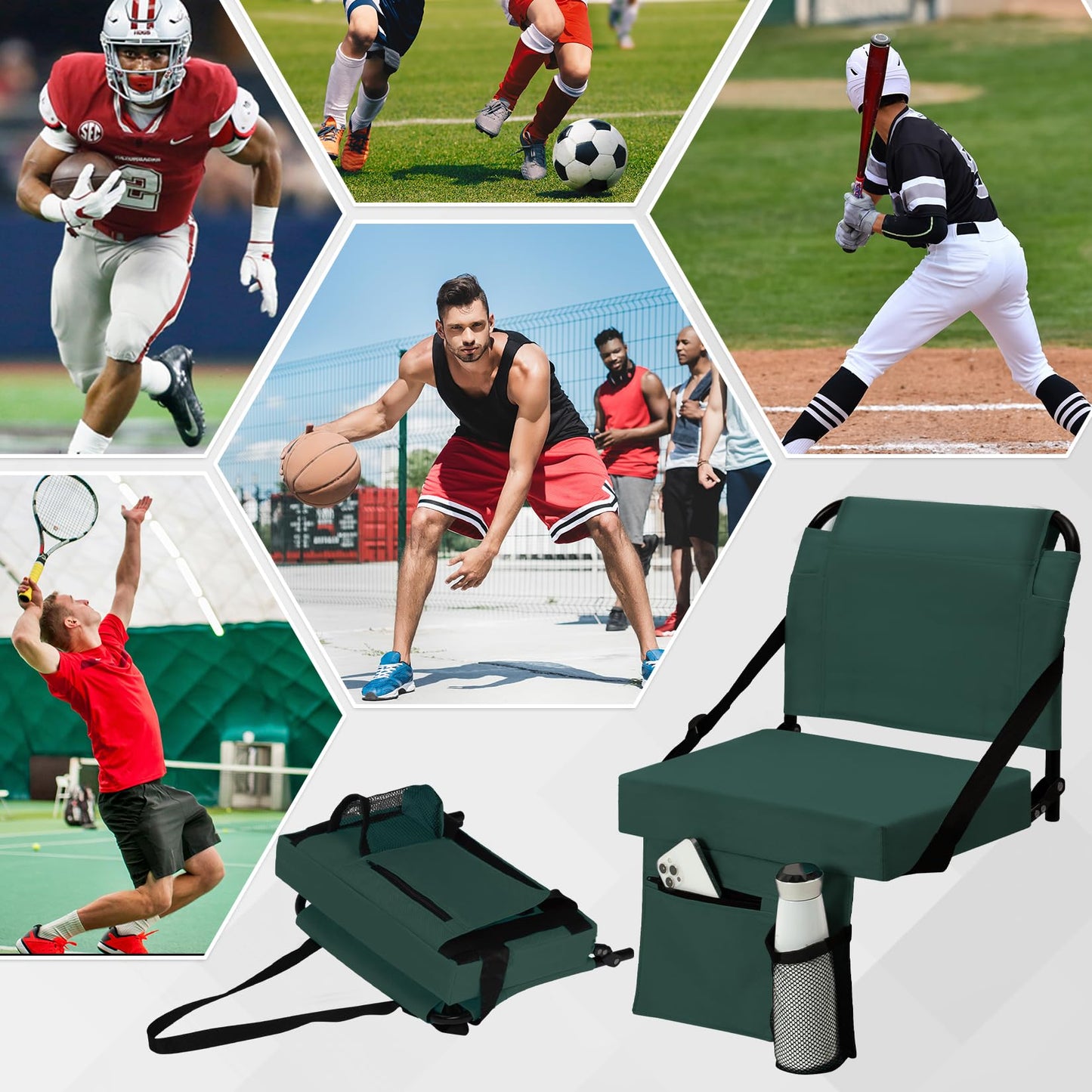 2pcs Stadium Seat for Bleachers with Back Support，Portable Bleacher Chairs with Back and Cushion，Includes Shoulder Strap and Cup Holder