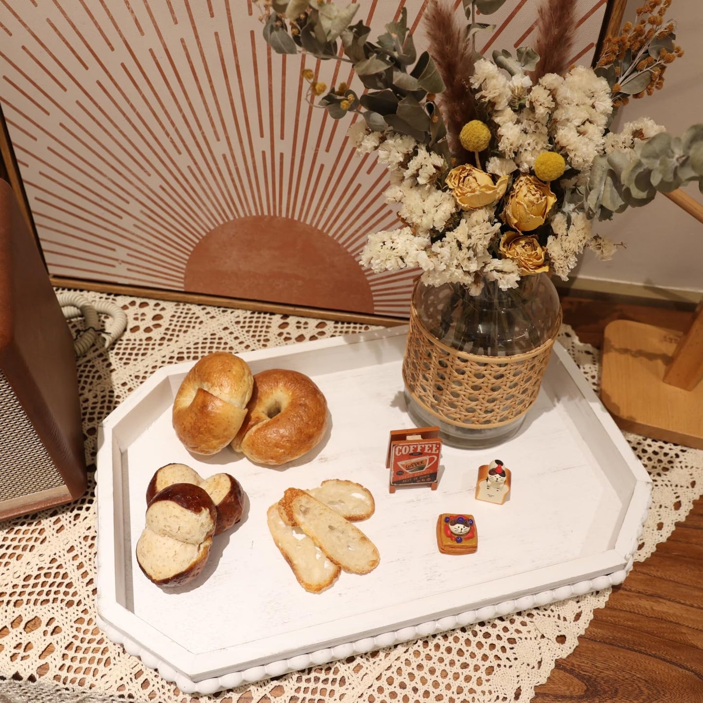 Hrastany Wood Rustic Serving Tray with Beads, Farmhouse Brown Decorative Tray for Table Centerpiece, Christmas Wedding Halloween Home Decor