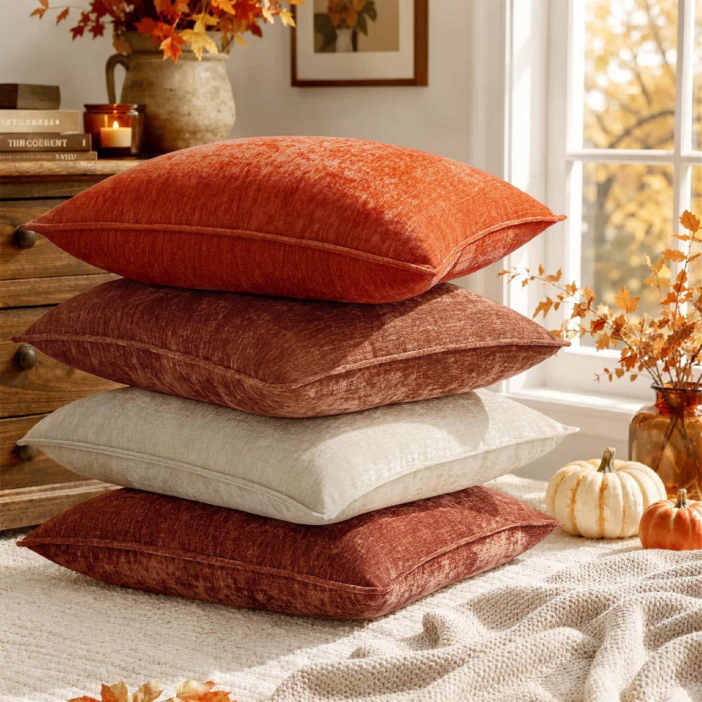 MIULEE Chenille Couch Pillow Covers Fall for Living Room 18x18 Dark Brown