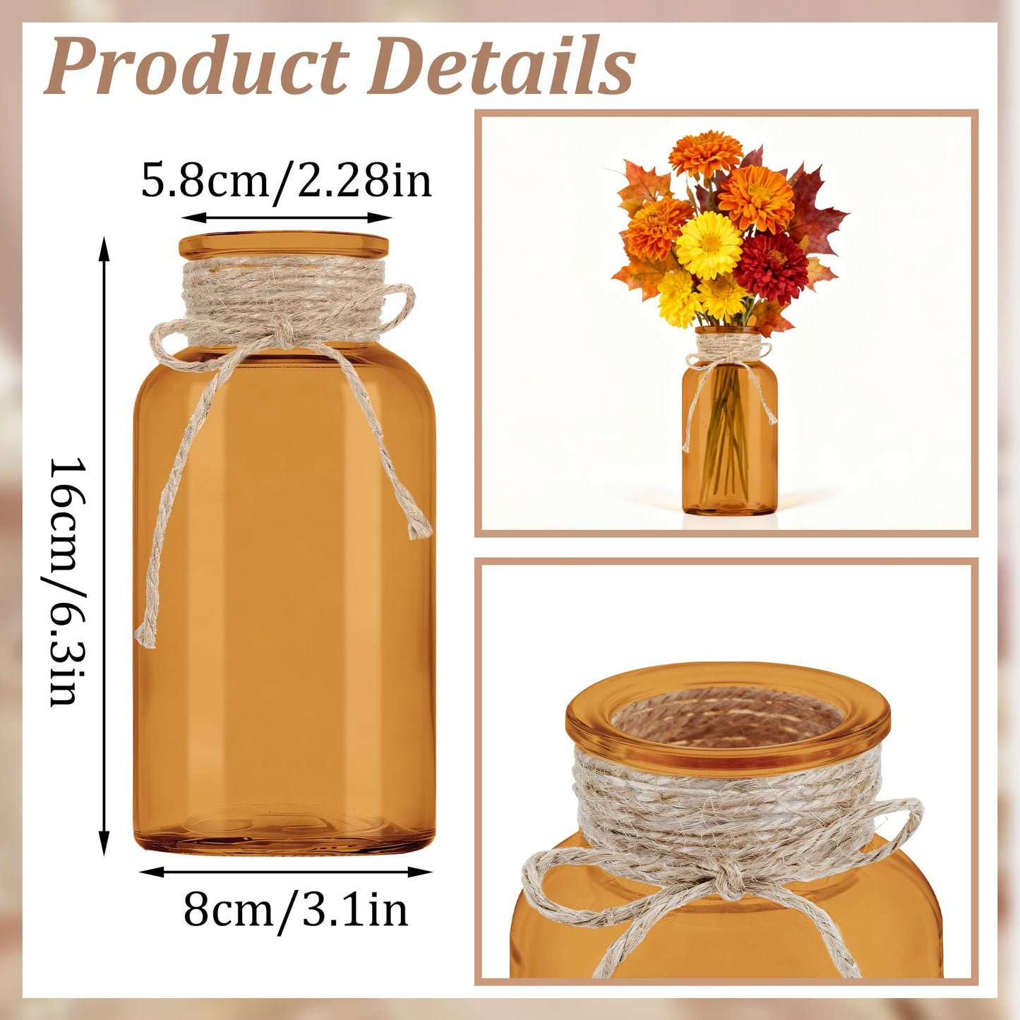 3 Pack Mason Jar Vases for Centerpieces, Amber Glass Flower Vase