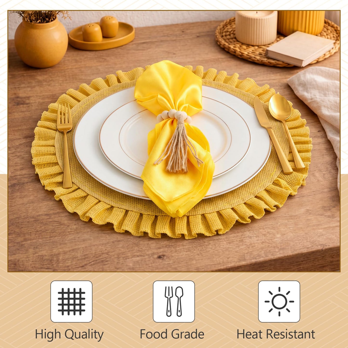 Gejoy 18 Pcs Burlap Placemat Wood Napkin Ring Dinner Napkin, Natural