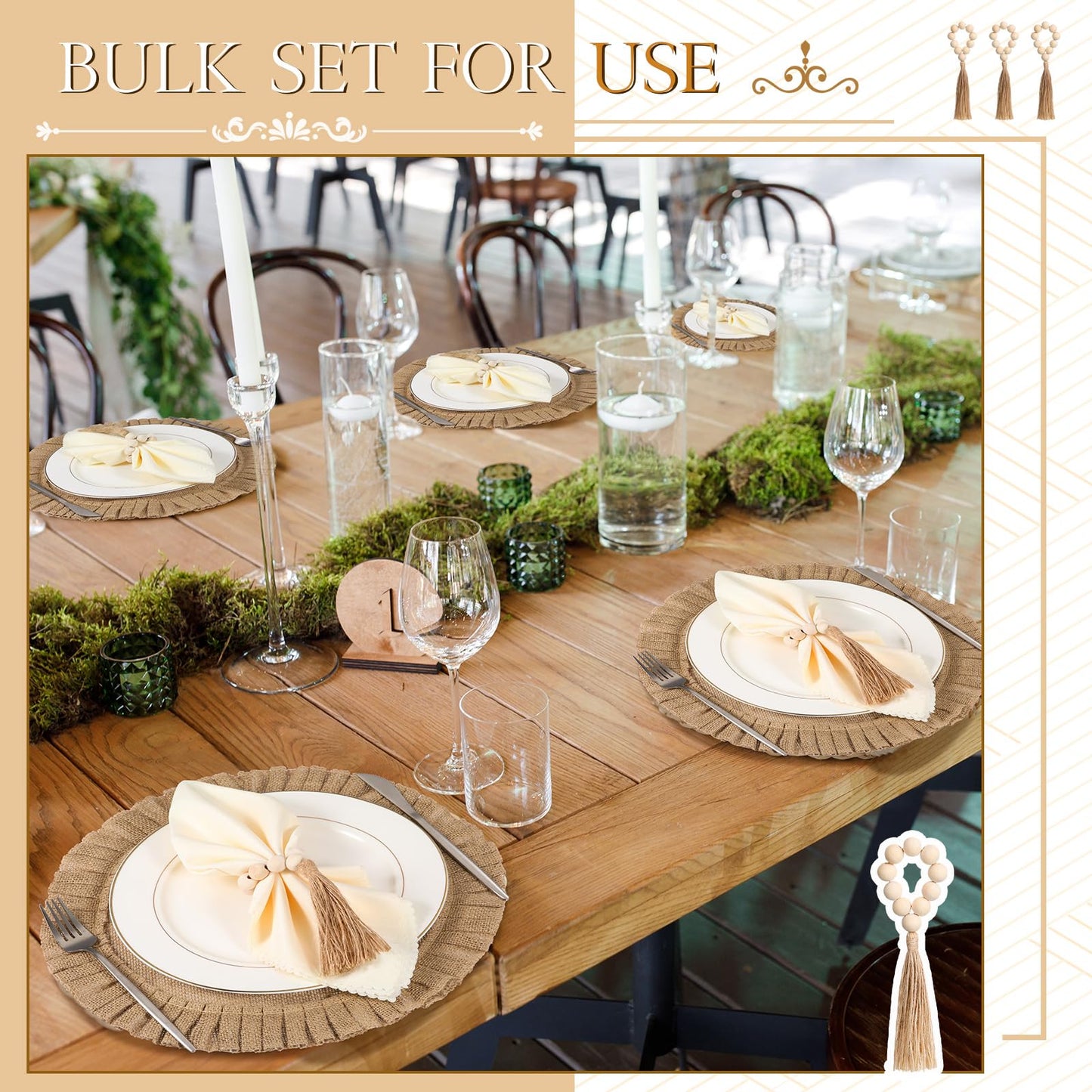 Gejoy 18 Pcs Burlap Placemat Wood Napkin Ring Dinner Napkin, Natural