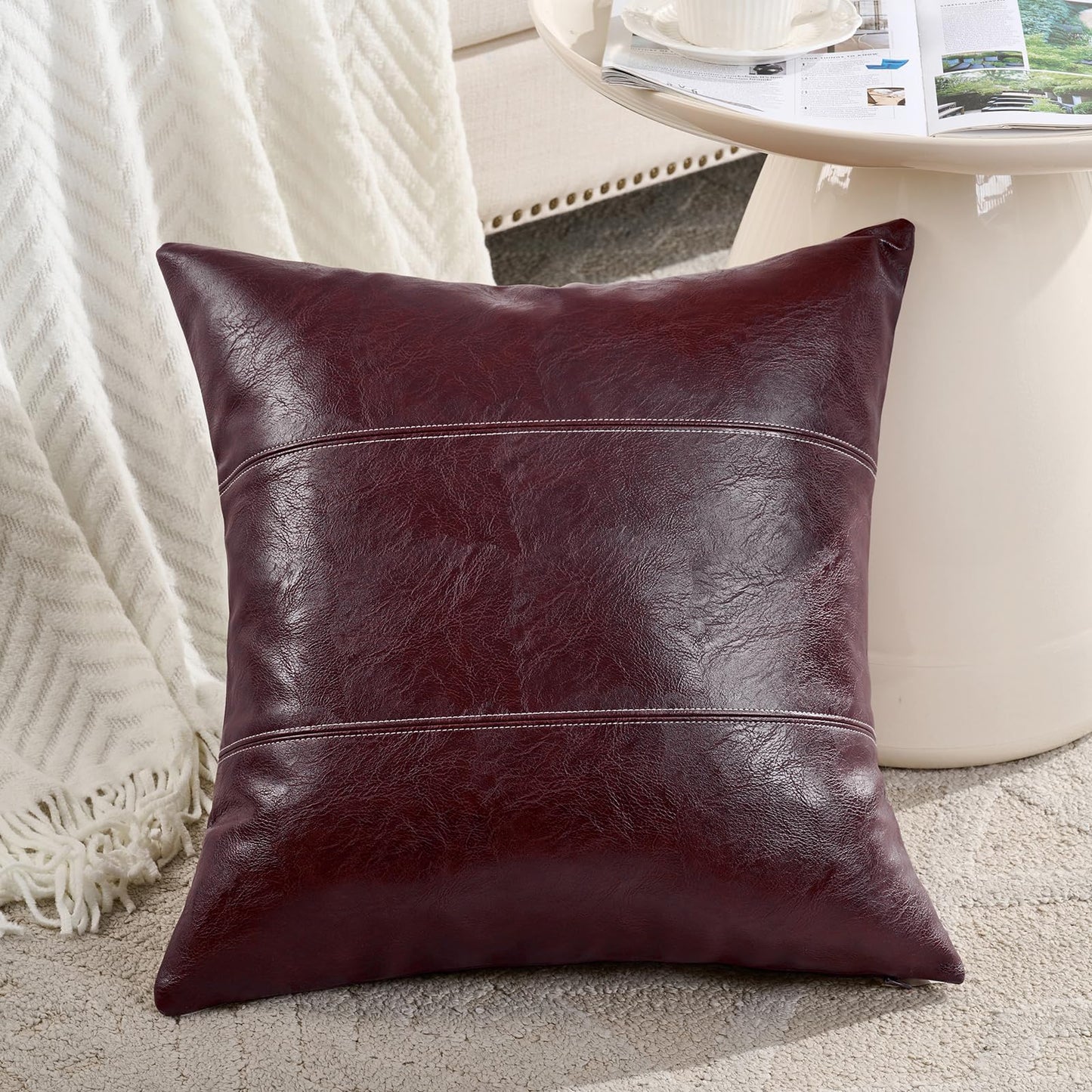 Fancy Homi Brown Boho Long Lumbar Faux Leather Body Decorative Throw Pillow Cover 14x36 Inch for Bedroom Couch Bed Bench, Thick Stylish Solid Rectangle Pillowcase, Rustic Modern Farmhouse Room Decor