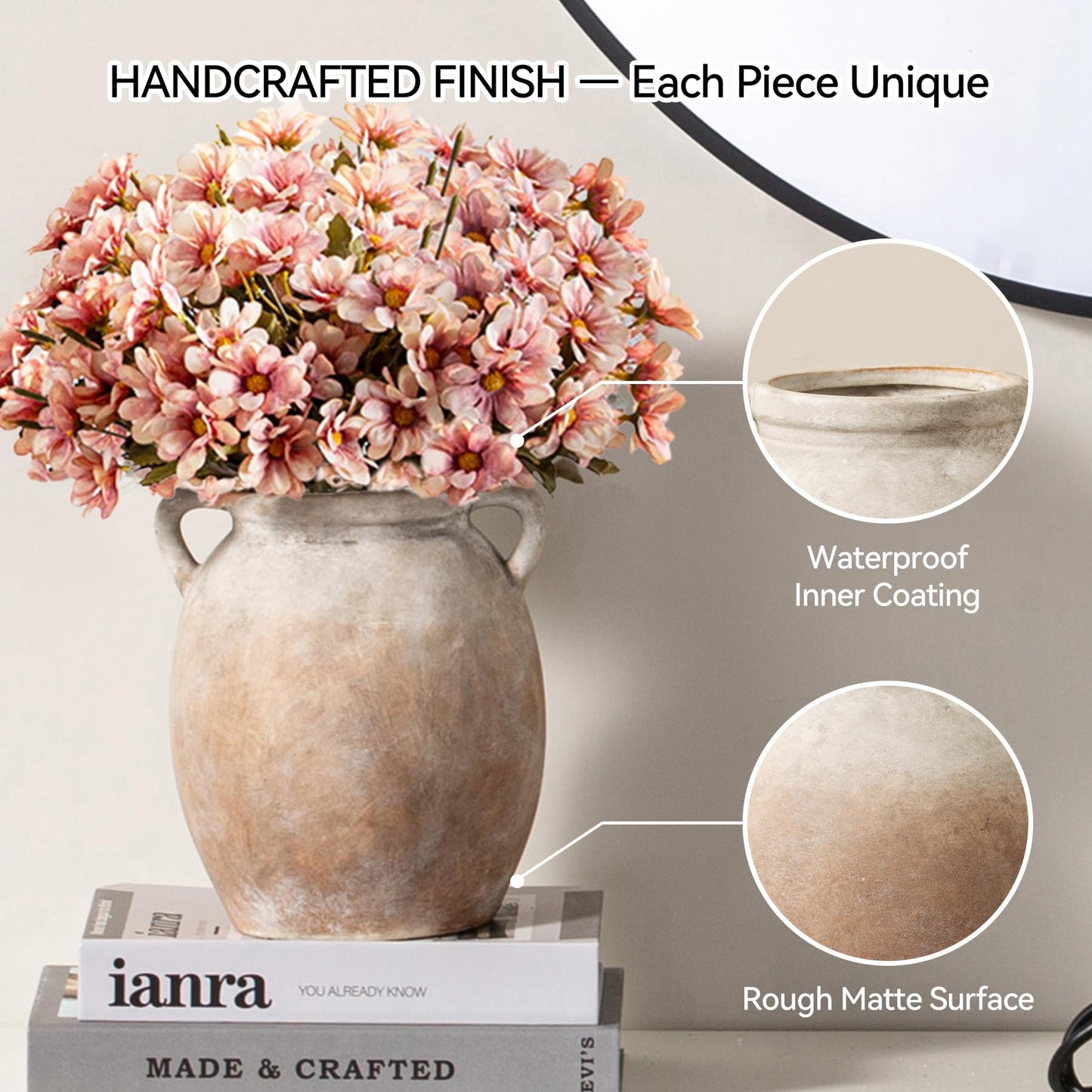 Dobbyby Ceramic Flower Vase 12 inch Farmhouse Rustic Vase Decorative Pottery Terracotta Tall Vases for Home Decor Table Mantle Fireplace Living Room Bathroom Wedding Centerpiece (Large-Terracota)
