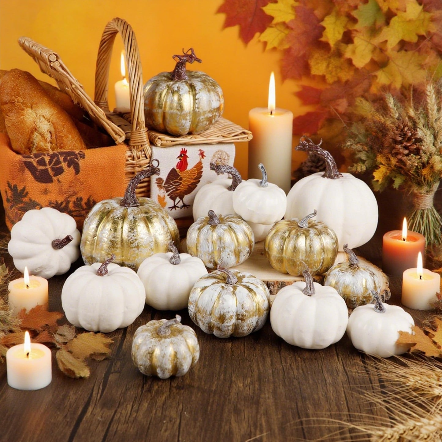 winemana 12 Pcs Pumpkin Fall Decorations, Golden Artificial Pumpkins