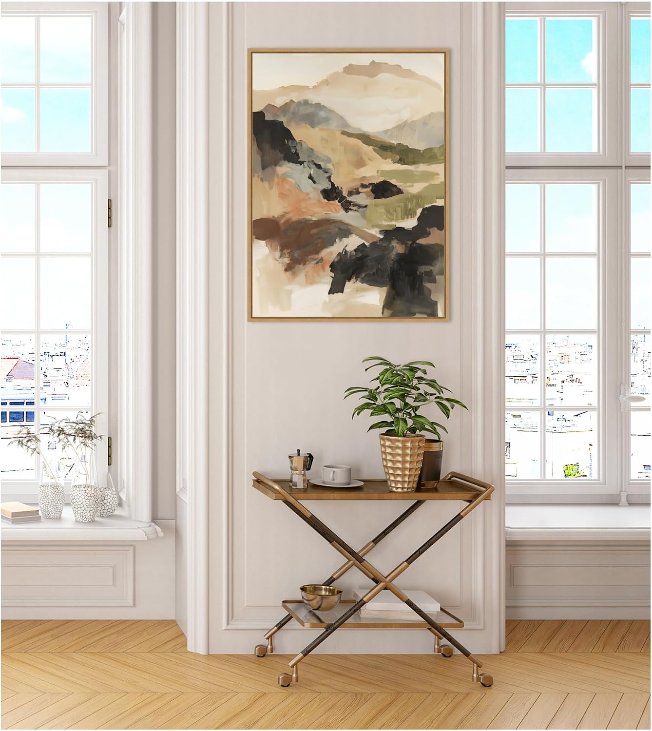 Kate and Laurel Tonal Mountains II Framed Canvas Wall Art by Amy Lighthall 28 x 38 Sylvie Natural, Modern, Abstract, Landscapes, Nature Art for Wall Decor, Living Room, Bedroom