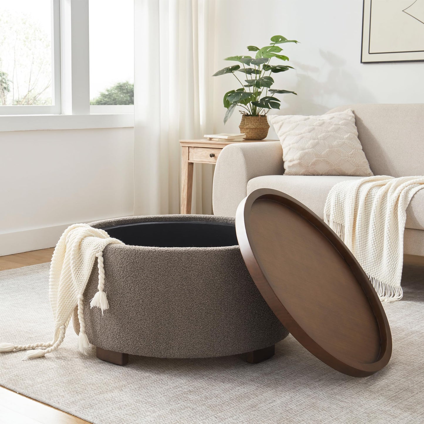 Zihanhome 30 Inch Round Storage Ottoman, Ottoman Coffee Table with Lift Off Lid, Boucle Modern Ottomans with Storage for Living Room, Bedroom, Apartments (Green)