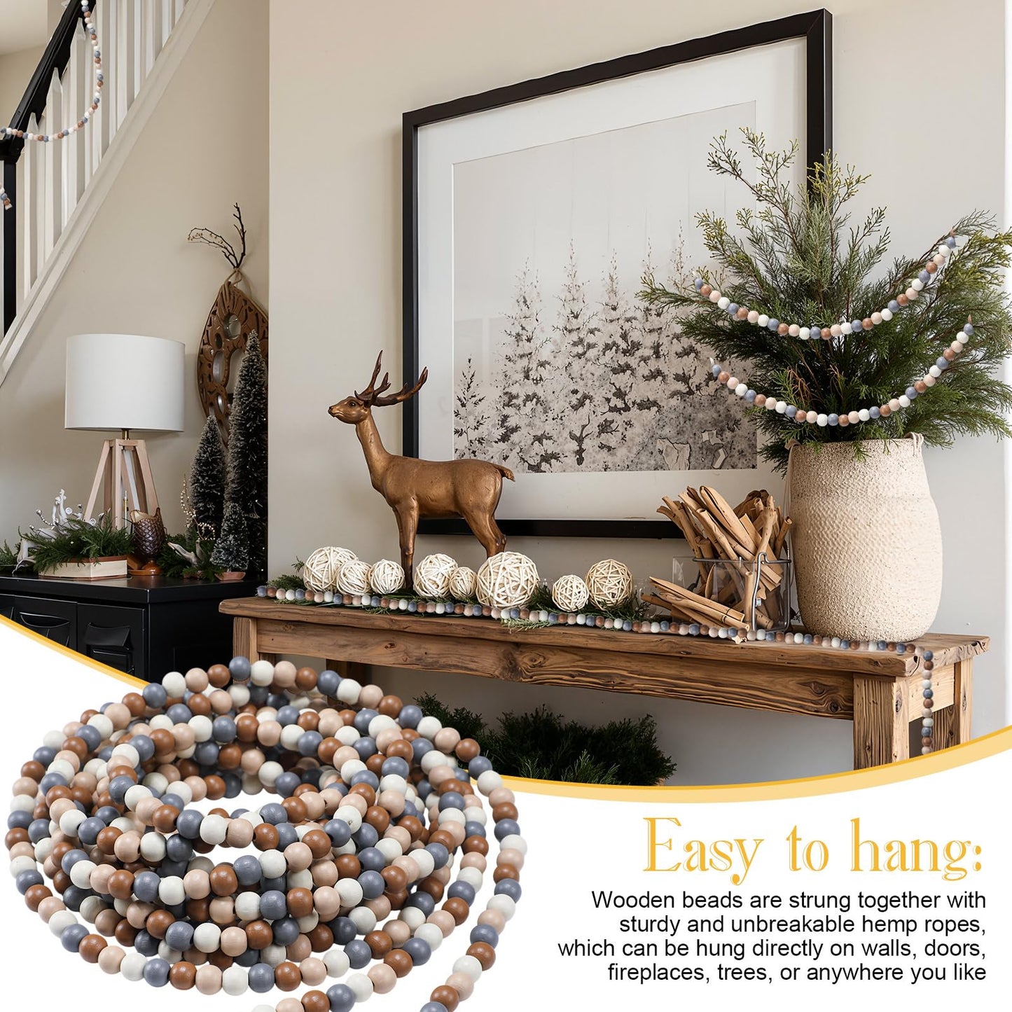 WILLBOND 16 Feet Wood Bead Garland Christmas Tree, Wood Color