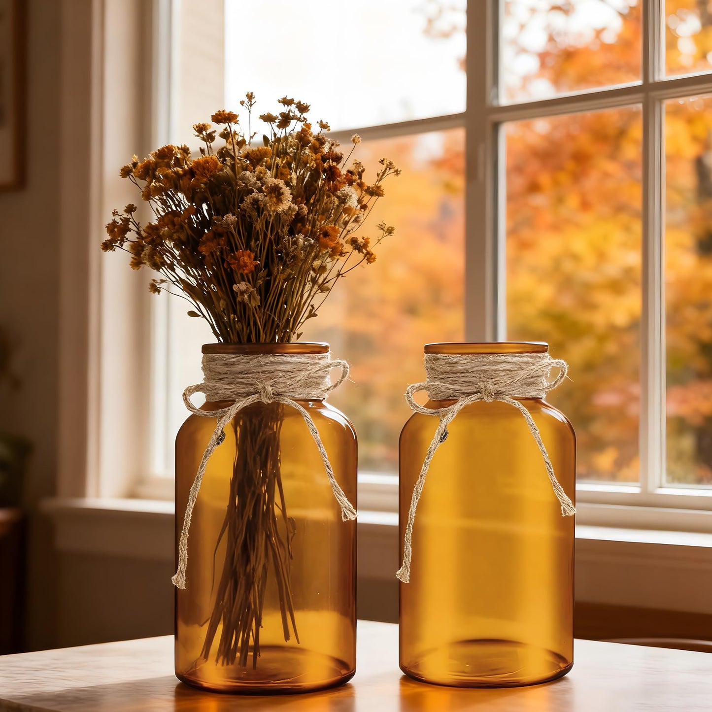 3 Pack Mason Jar Vases for Centerpieces, Amber Glass Flower Vase