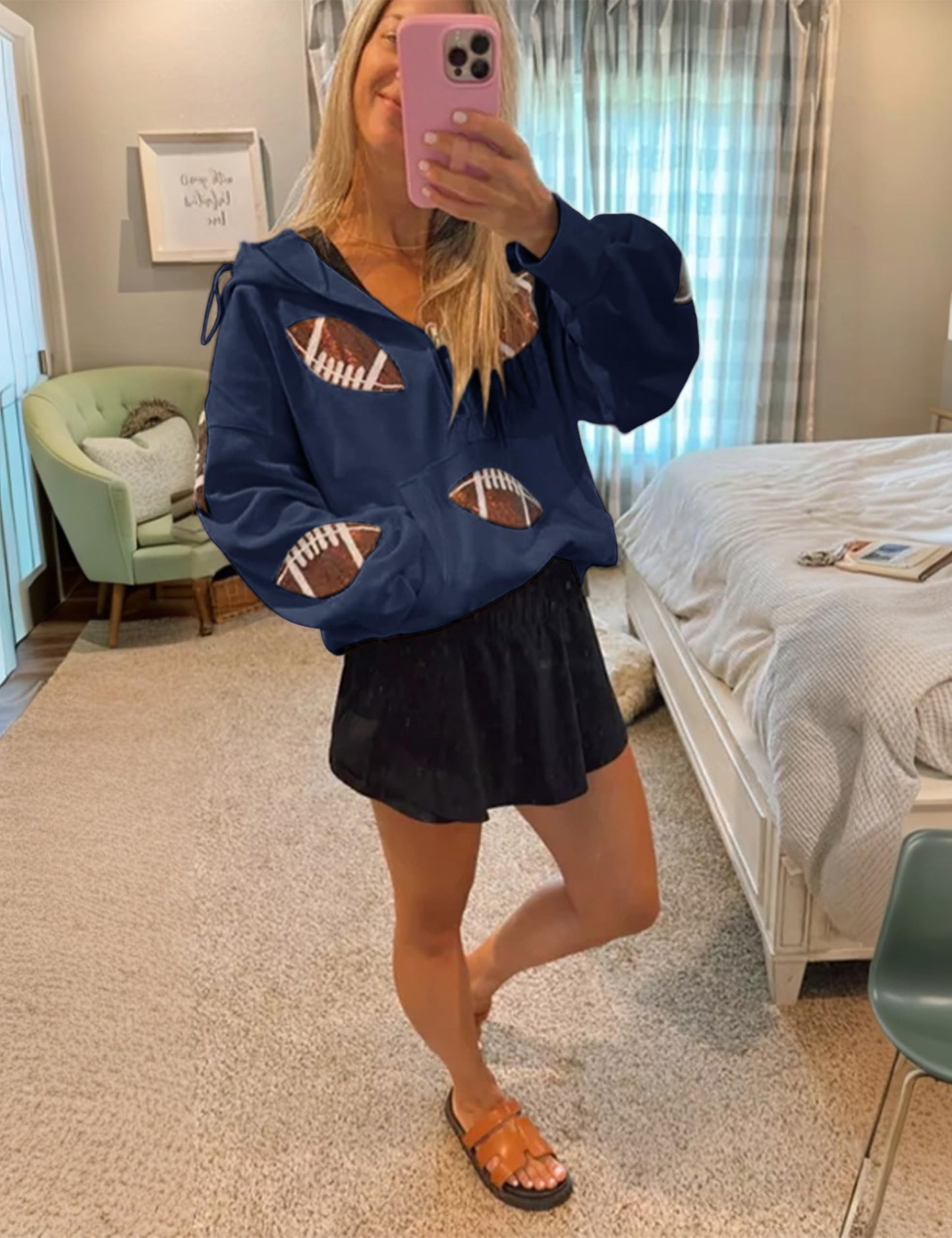 SeekMe Women Game Day Sweatshirt Sequin Football Hoodies Pullover Fall Top