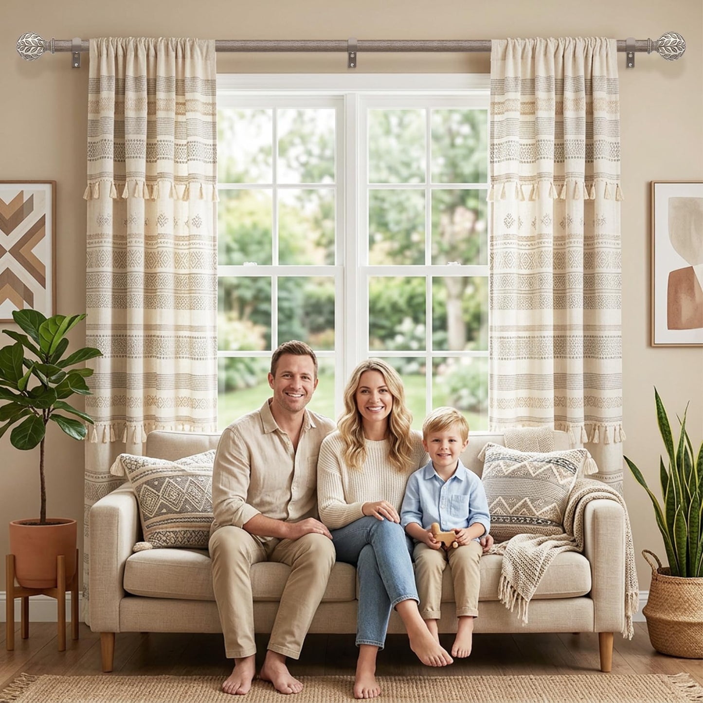 Curtain Rod 36-91 Inch, Boho Wood 1 Inch Curtain Rods for Windows