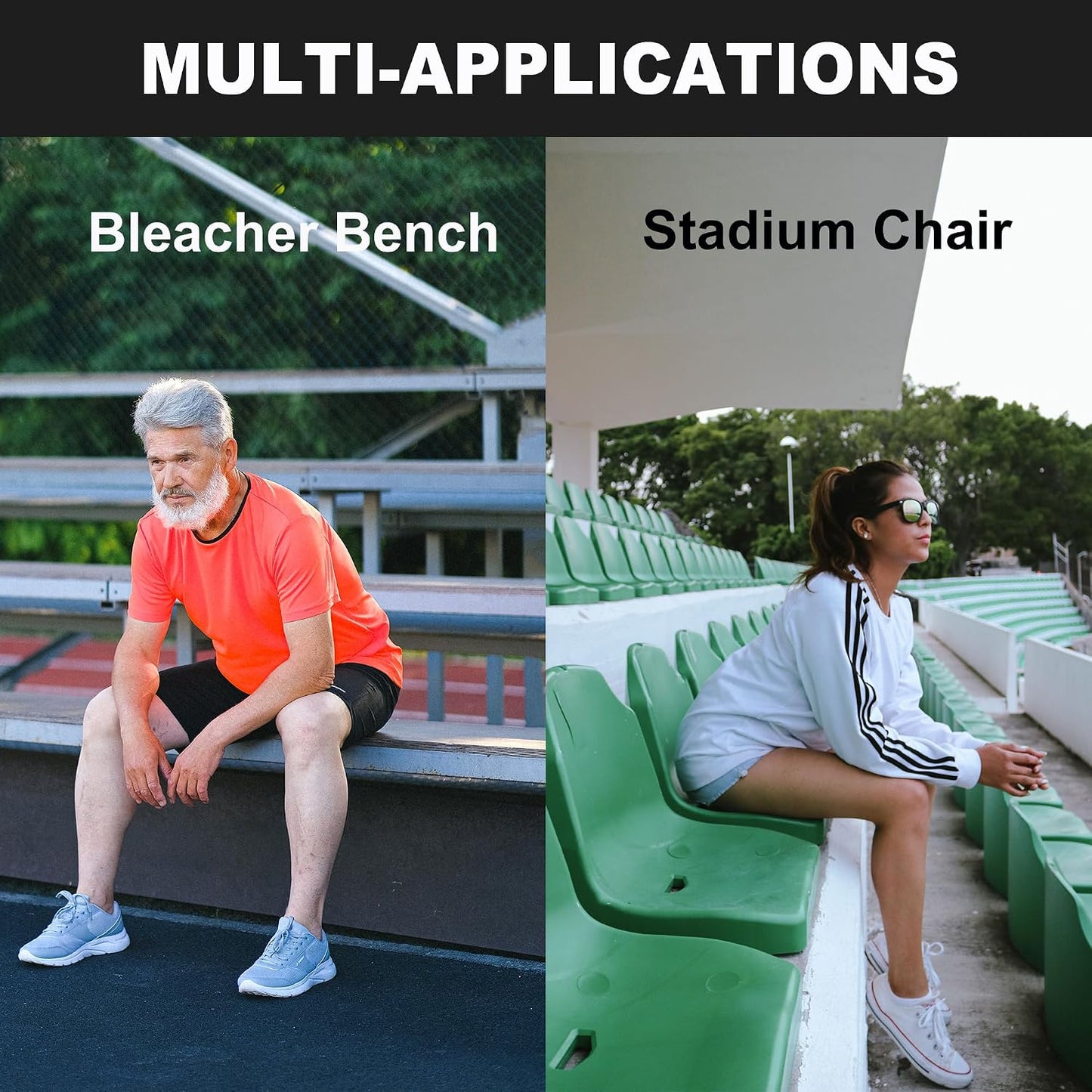 Stadium Seat Cushions 2-Pack 3-Pack, Portable Bleacher Cushions, Waterproof Oxford Fabric, Zipper Design, (Black, 2-Pack)
