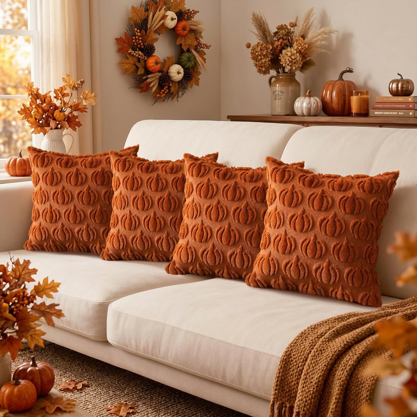 Fall Pumpkin Throw Pillow Covers 18x18 inch Set of 4 Rust